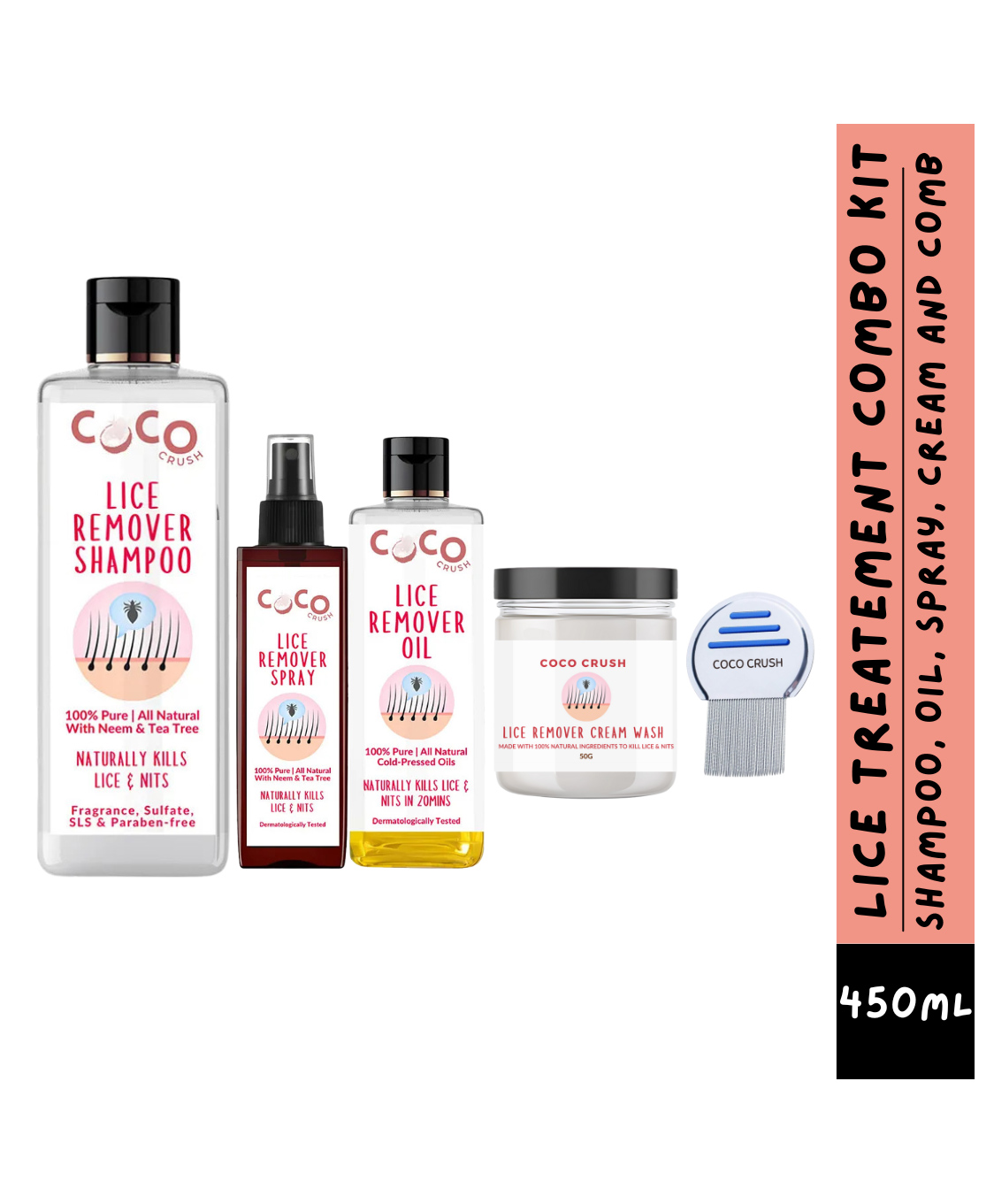 Coco Crush Natural Lice Treatment - Cream Conditioner Wash (50g), Shampoo (200ml), Oil (100ml), Spray (100ml), & Comb-image-46