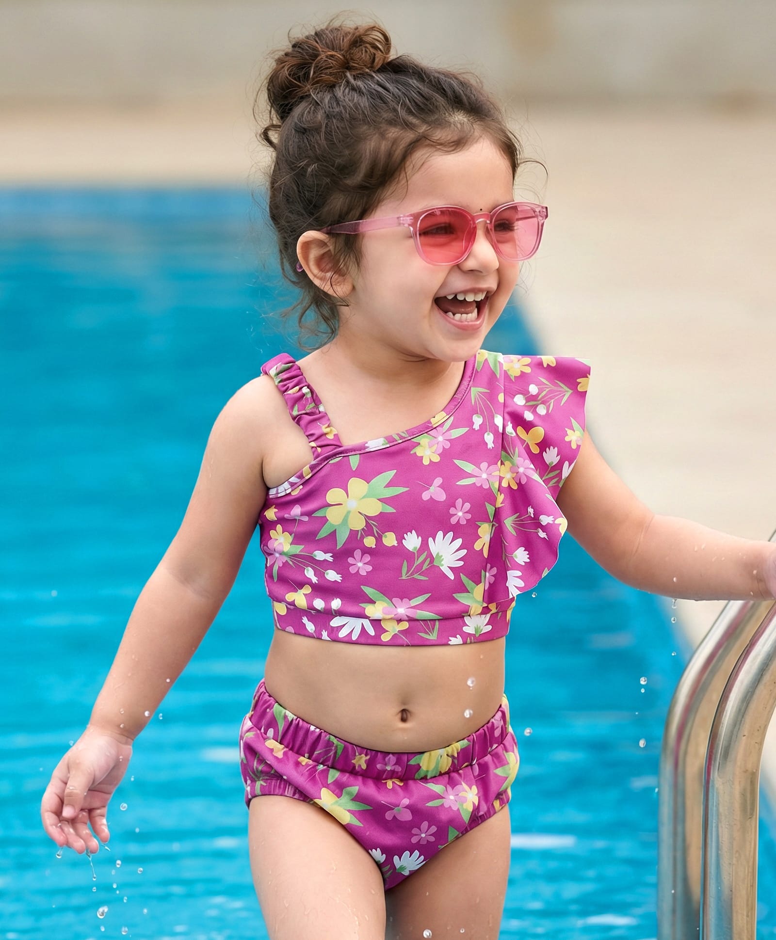Babyhug Sleeveless Water Repellent Two Piece Swimsuit with Floral Print - Pink-image-44