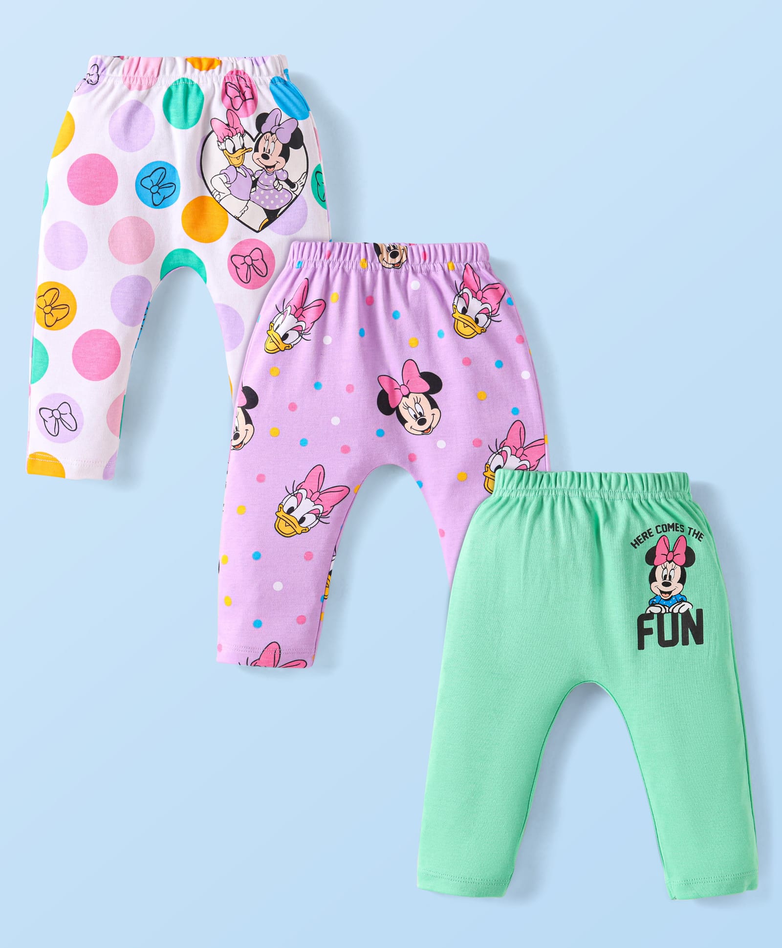 Babyhug Disney Interlock Knit Full Length Diaper Leggings With Minnie & Friends Graphic Set Of 3 -Pink & White-image-43