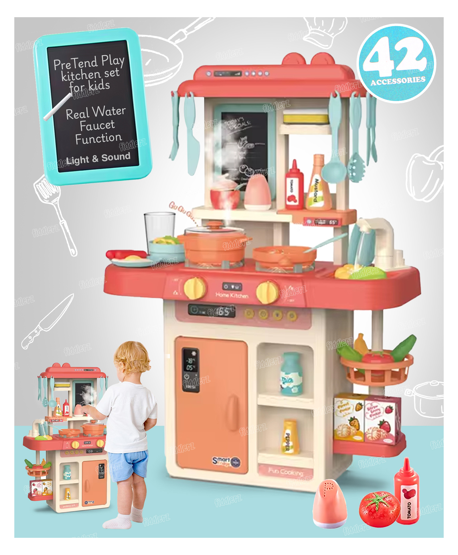 Fiddlerz Kitchen Sets, Simulated Spray Kitchen Toys, Kids Kitchen Pretend Play Set,Play Cooking Set(42pcs)-image-15
