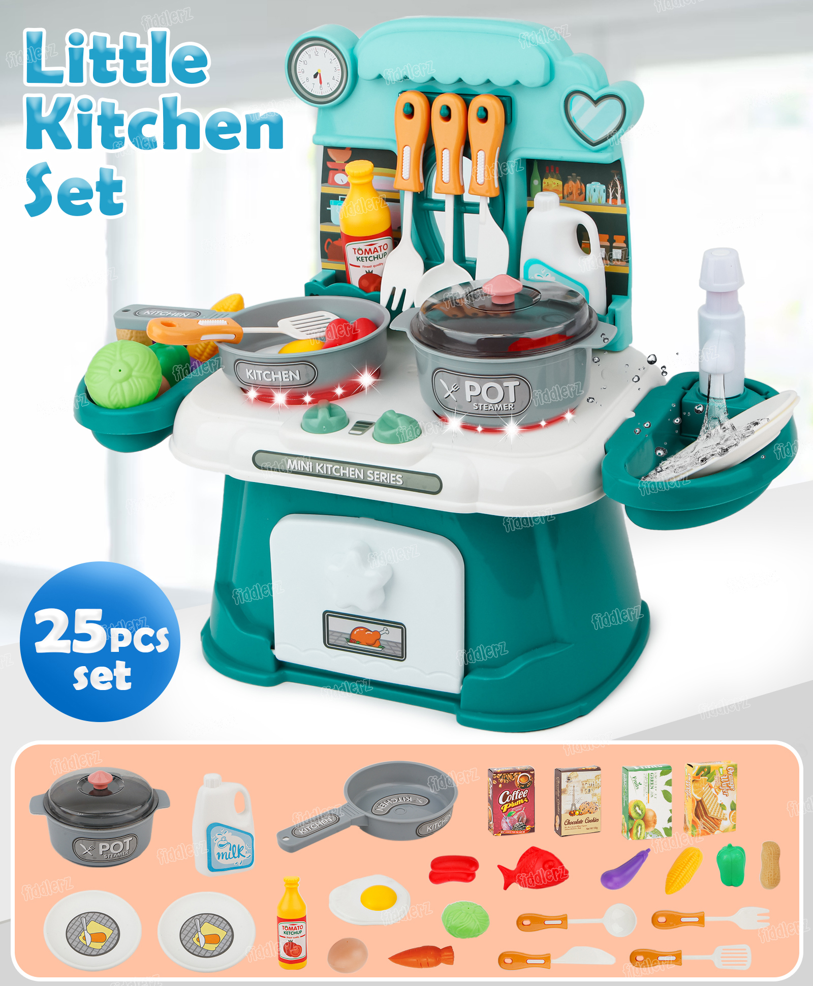 Fiddlerz Mini Kitchen Play Set for Kids Cooking Playset with Lights and Music Realistic Food Accessories Pot and Pan for Toddlers Fun Role-Playing Educational Toy for Girls and Boys - 25pcs-image-22