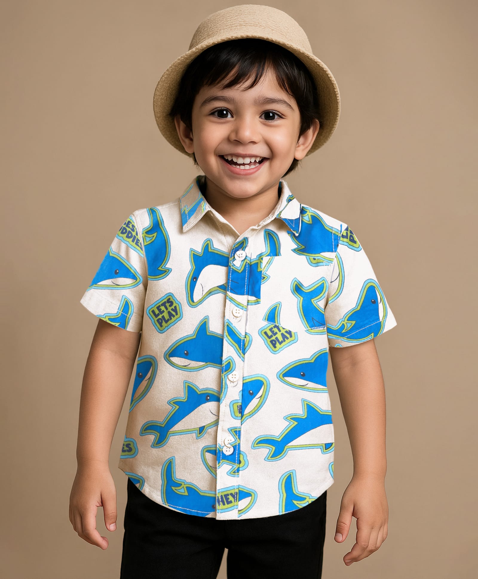 Babyhug Cotton Woven Half Sleeves Shirt With Shark Print - White-picture-28