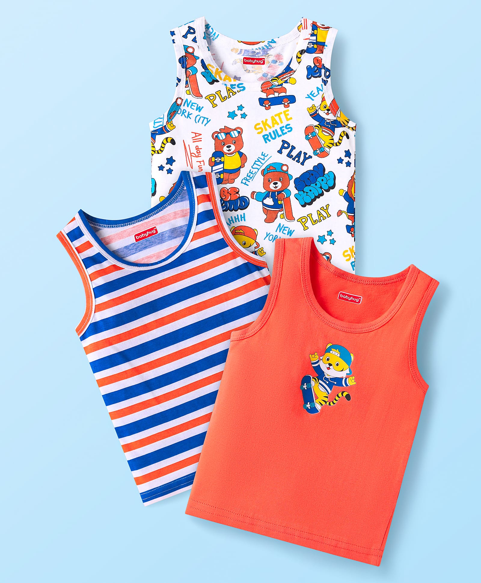 Babyhug 100% Cotton Knit Sleeveless Sandos With Stripes & Cub Print Pack of 3 - Blue Red & White
