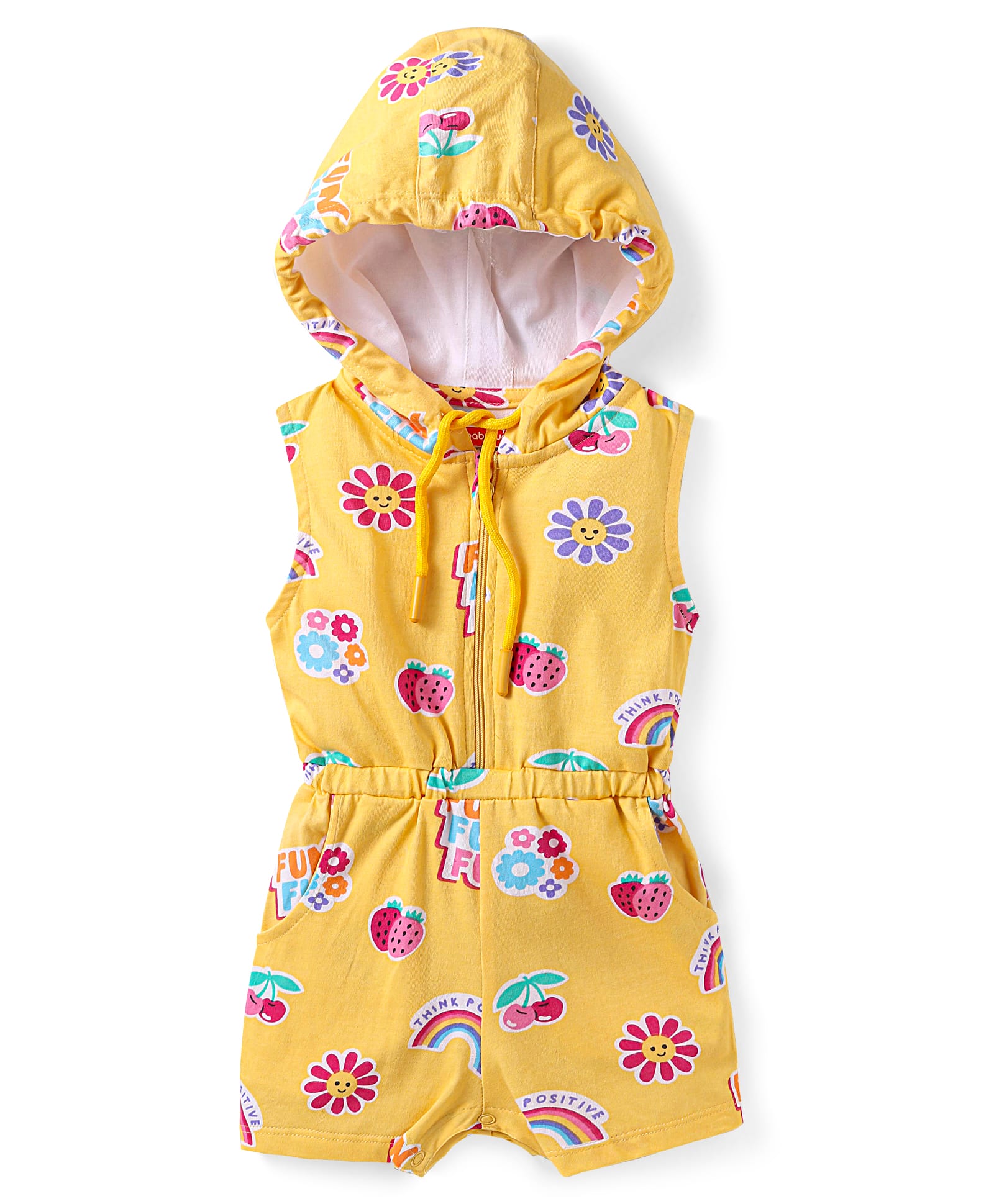 Babyhug Cotton Knit Sleeveless Hooded Jumpsuit with Tropical Theme Print - Yellow-image-46