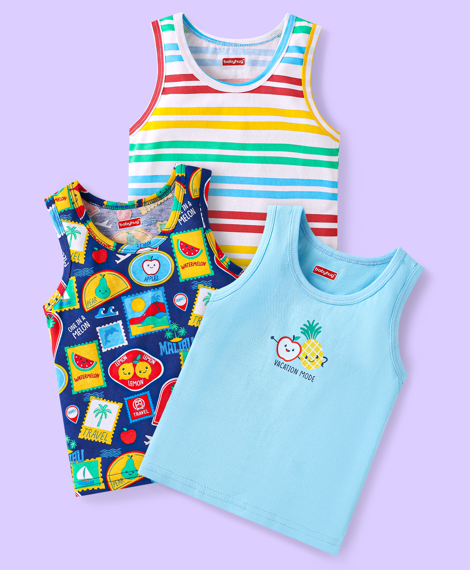 Babyhug 100% Cotton Knit Antibacterial Sleeveless Sandos with Stripes & Beach Theme Print Pack of 3 - Light Blue & Navy Blue