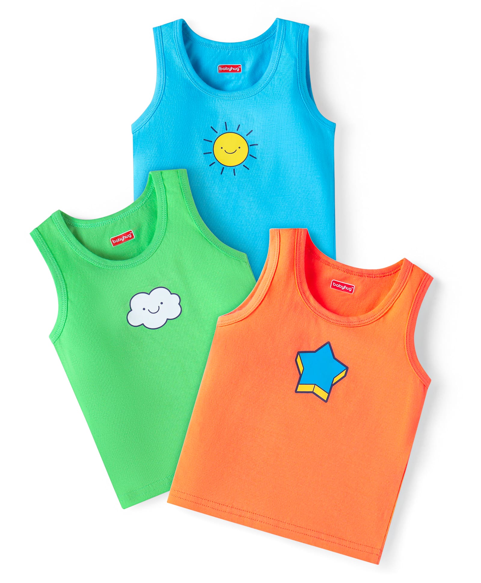 Babyhug 100% Cotton Knit Sleeveless Sandos With Cloud & Star Print Pack of 3 - Blue Red & White-image-26