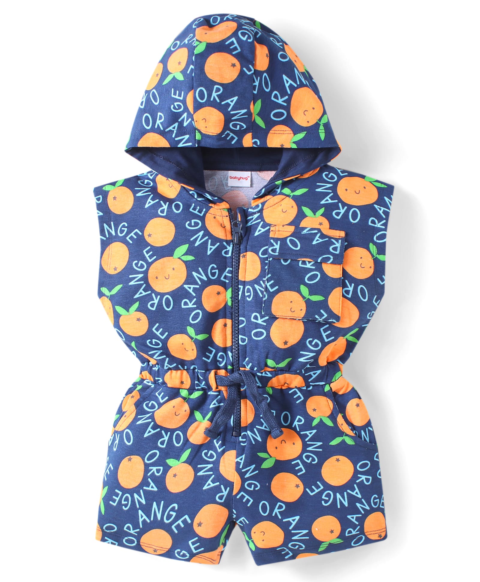 Babyhug Cotton Knit Half Sleeve Hooded Jumpsuit with Orange Print - Navy Blue-picture-39