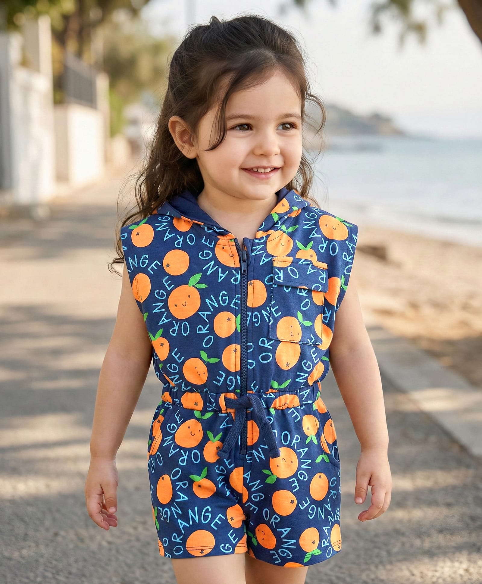 Babyhug Cotton Knit Half Sleeve Hooded Jumpsuit with Orange Print - Navy Blue-image-18