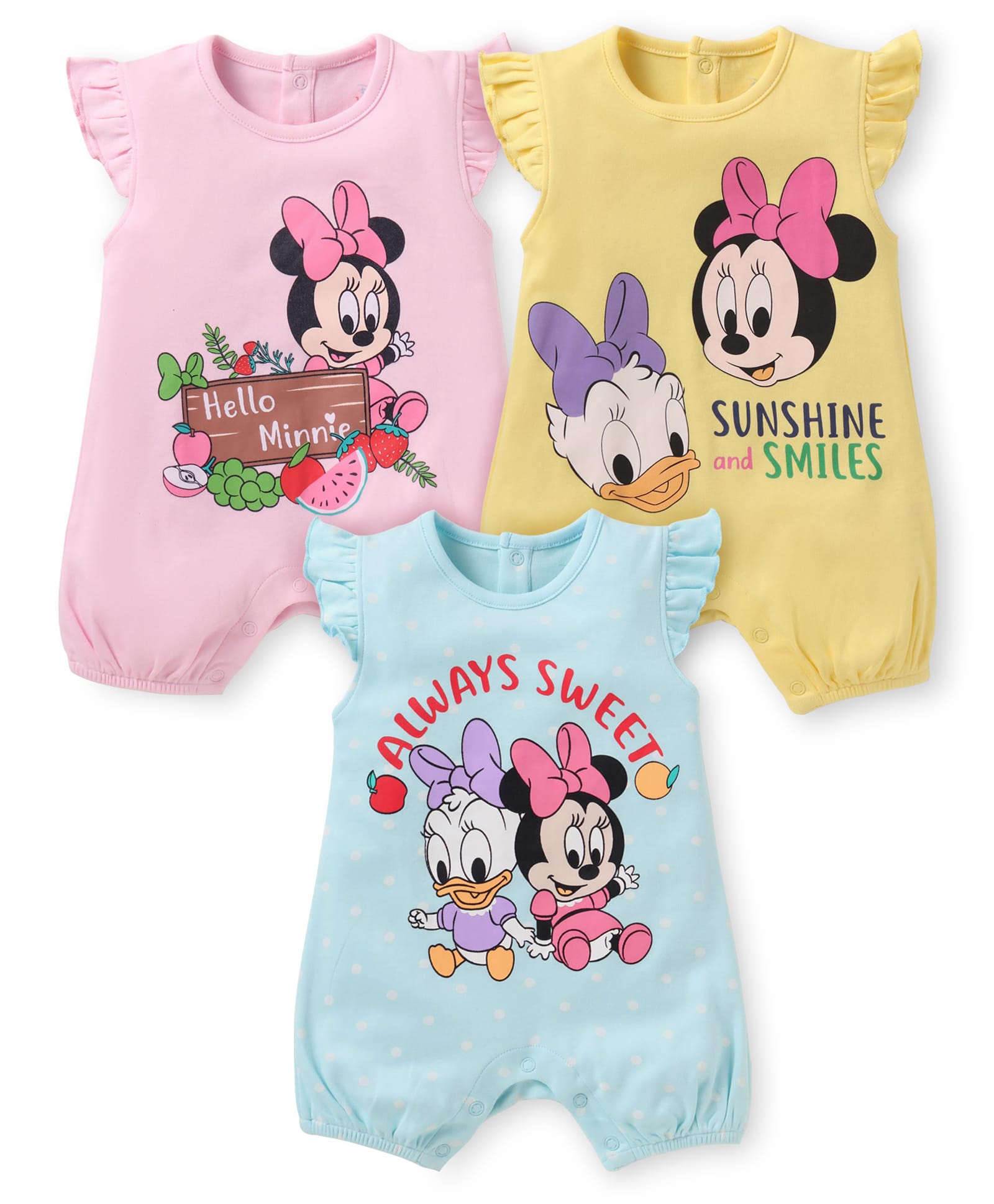Babyhug Disney Interlock Knit Fill Sleeves Rompers with Minnie Mouse Graphics Pack of 3 - Yellow Pink & Light Blue-image-39