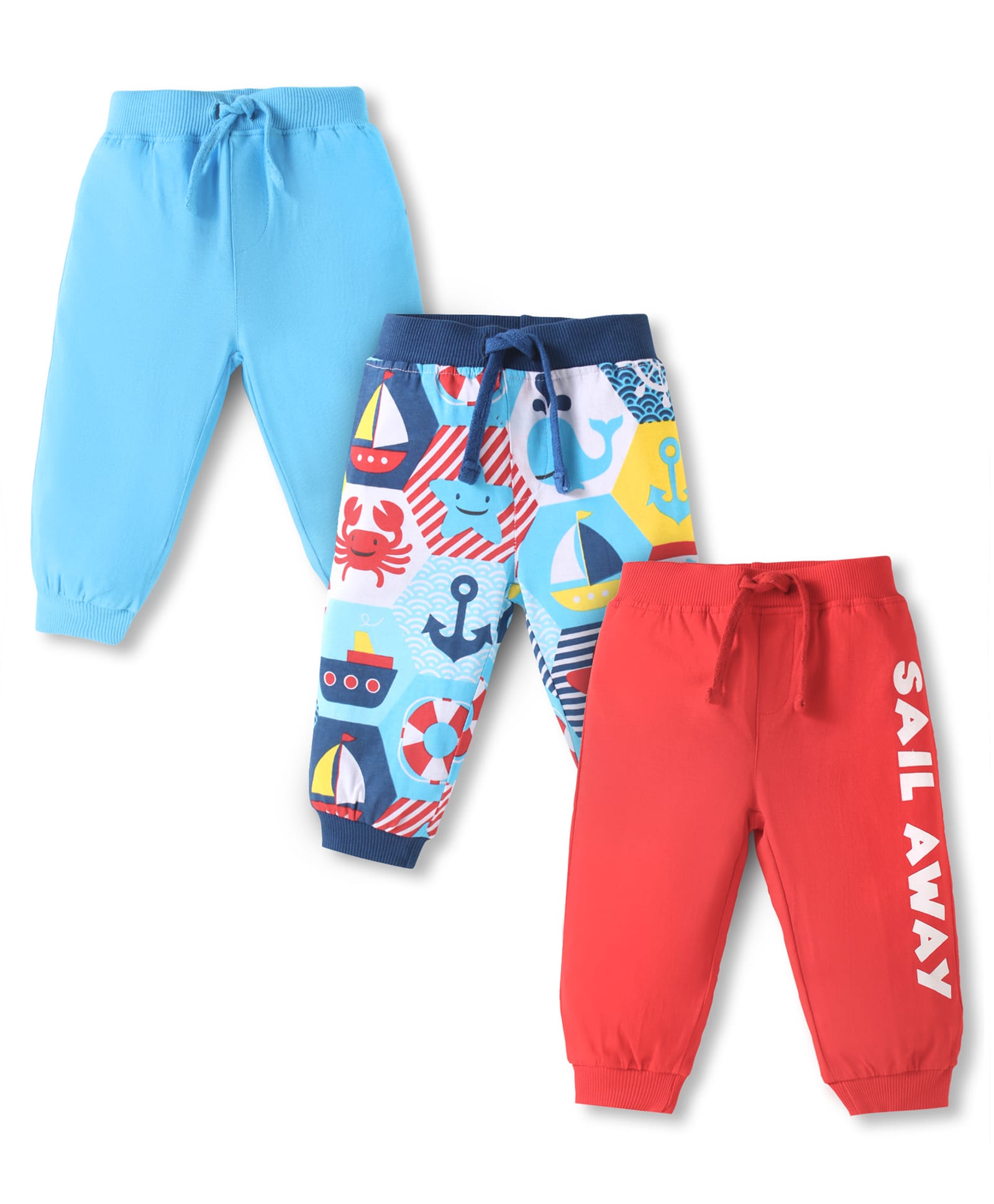 Babyhug Cotton Terry Full Length Jogger Fit Lounge Pants with Ribbed Waist & Marine Theme Print Pack of 3 - Red & Blue-picture-10