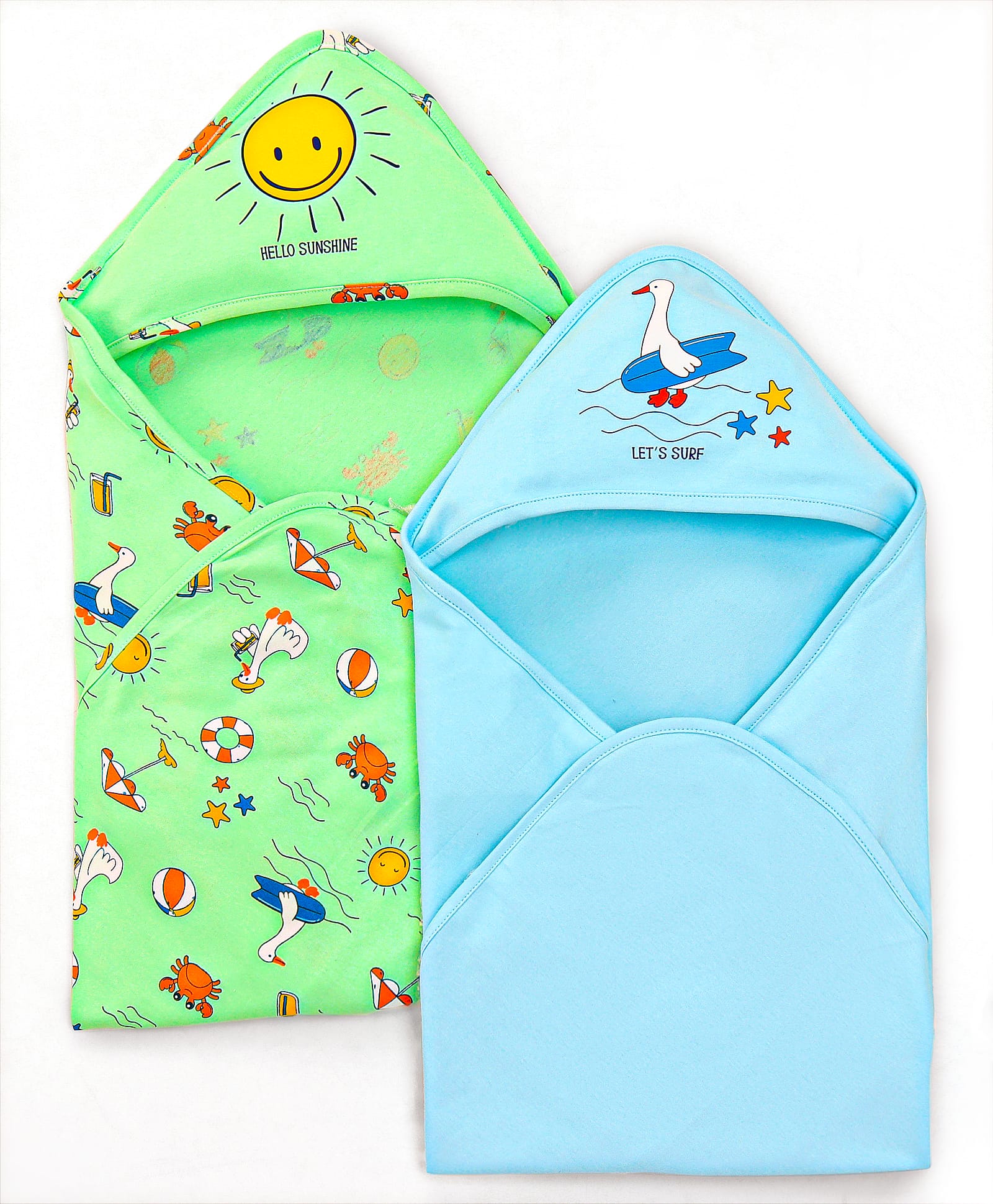 Babyoye 100% Cotton Knit With Eco Jiva Finish Hooded Towels With Birds & Beach Theme Print Pack of 2 L 83 x B 76 cm - Light Blue & Light Green-image-41