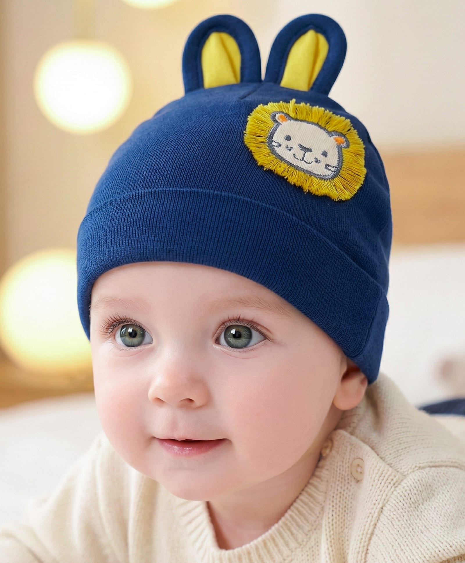 Babyoye Interlock Knit Caps With Eco Jiva Finish Ear Applique Cat Print Navy Blue - Diameter 11.5 cm-picture-17