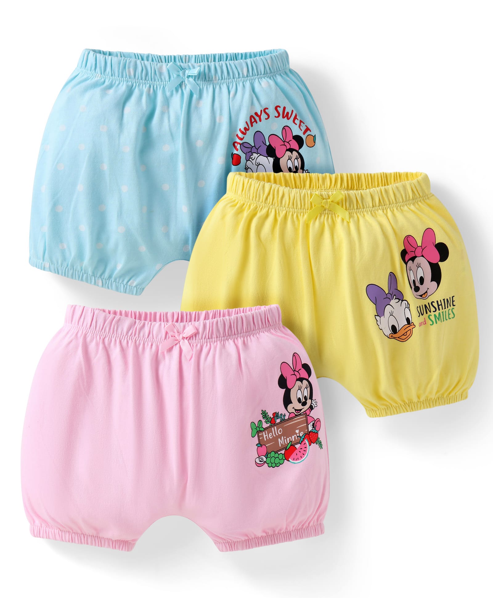 Babyhug Disney Interlock Knit Bloomers with Minnie Mouse Graphics Pack of 3 - Yellow Pink & Light Blue-image-23