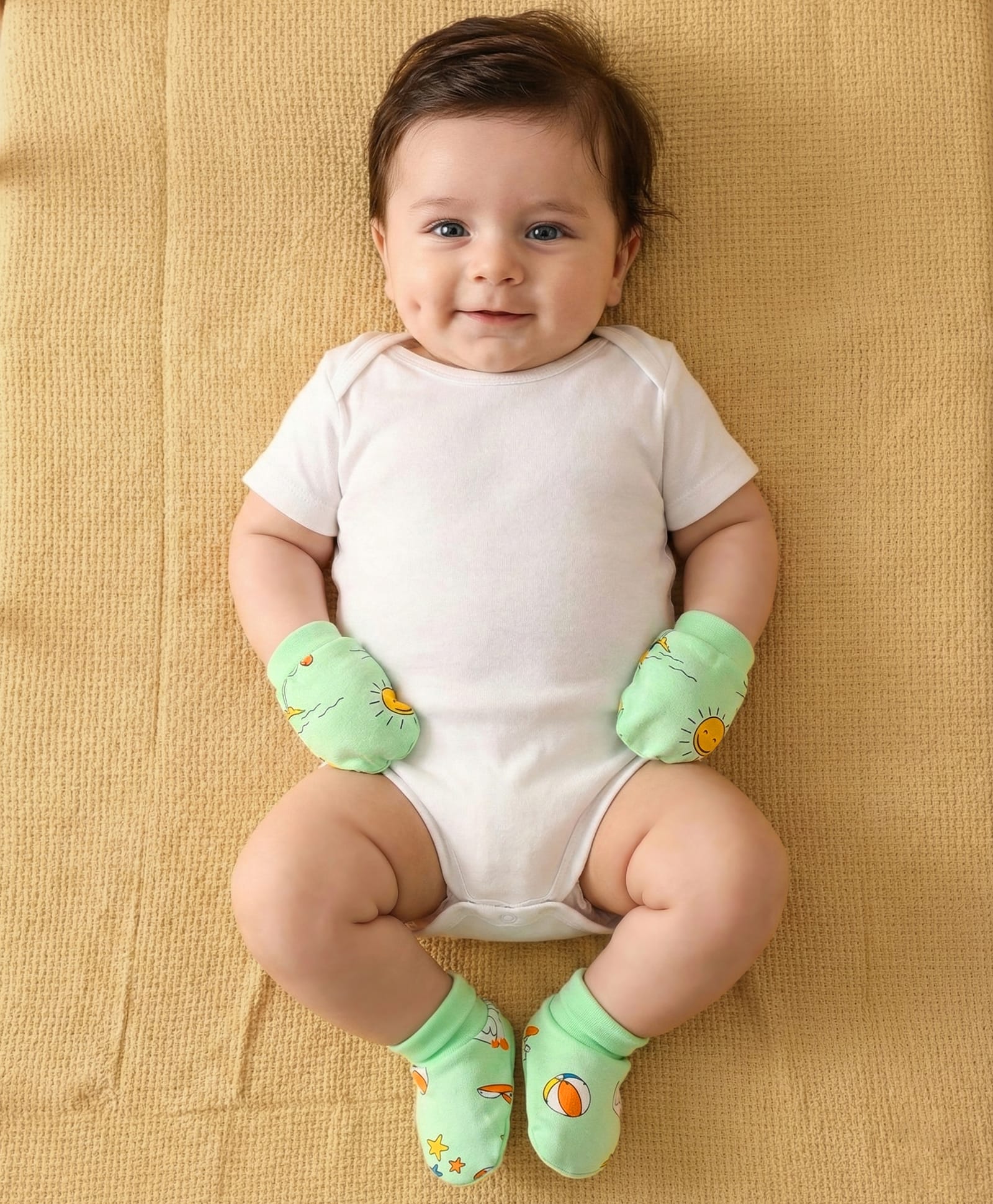 Babyoye 100% Cotton Mittens and Booties Set with Beach Theme Print - Light Green-picture-20