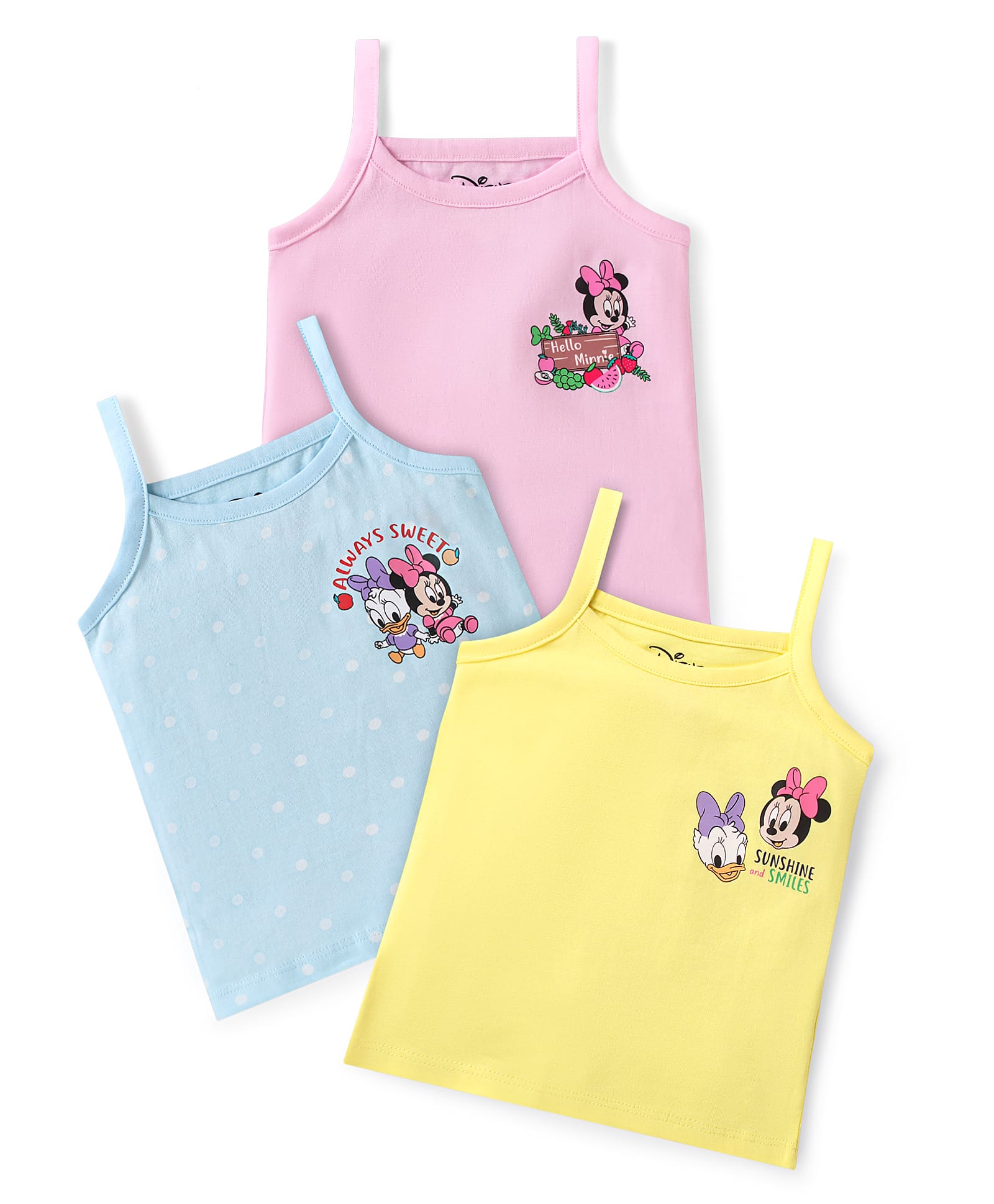 Babyhug Disney Single Jersey Knit Singlet Sleeves Slips with Minnie Mouse Graphics Pack of 3 - Pink Yellow & Light Blue-image-36