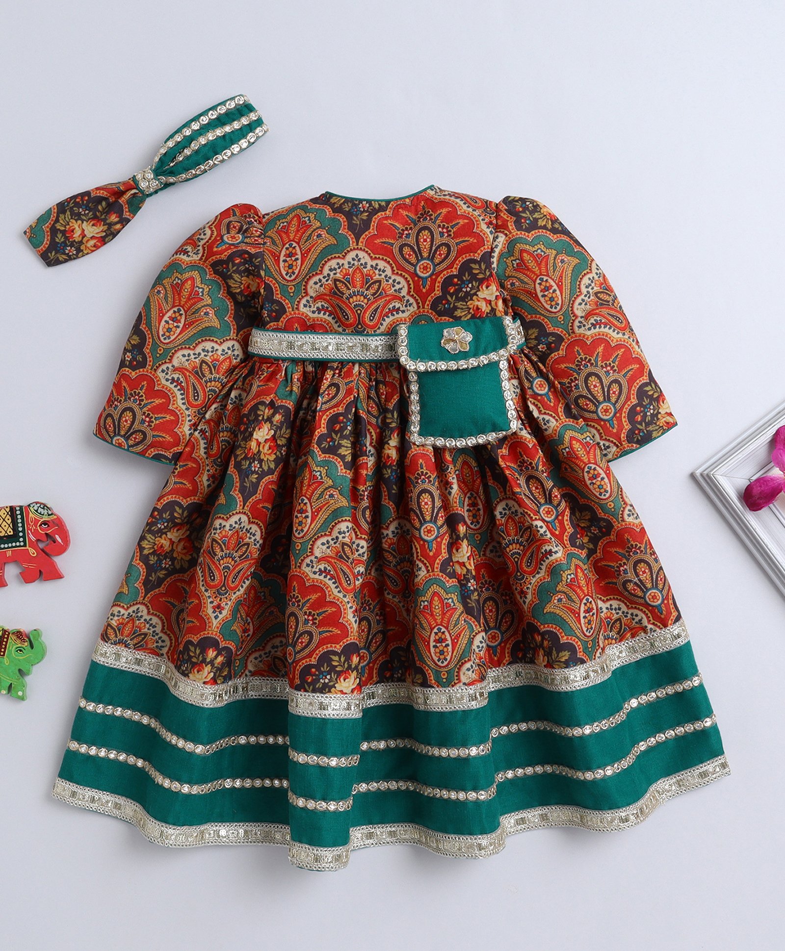 TINY MINY MEE Silk Half Sleeves Floral Printed Lace Embellished Dress With Headband & Pouch Attached Belt - Multi Colour-image-18