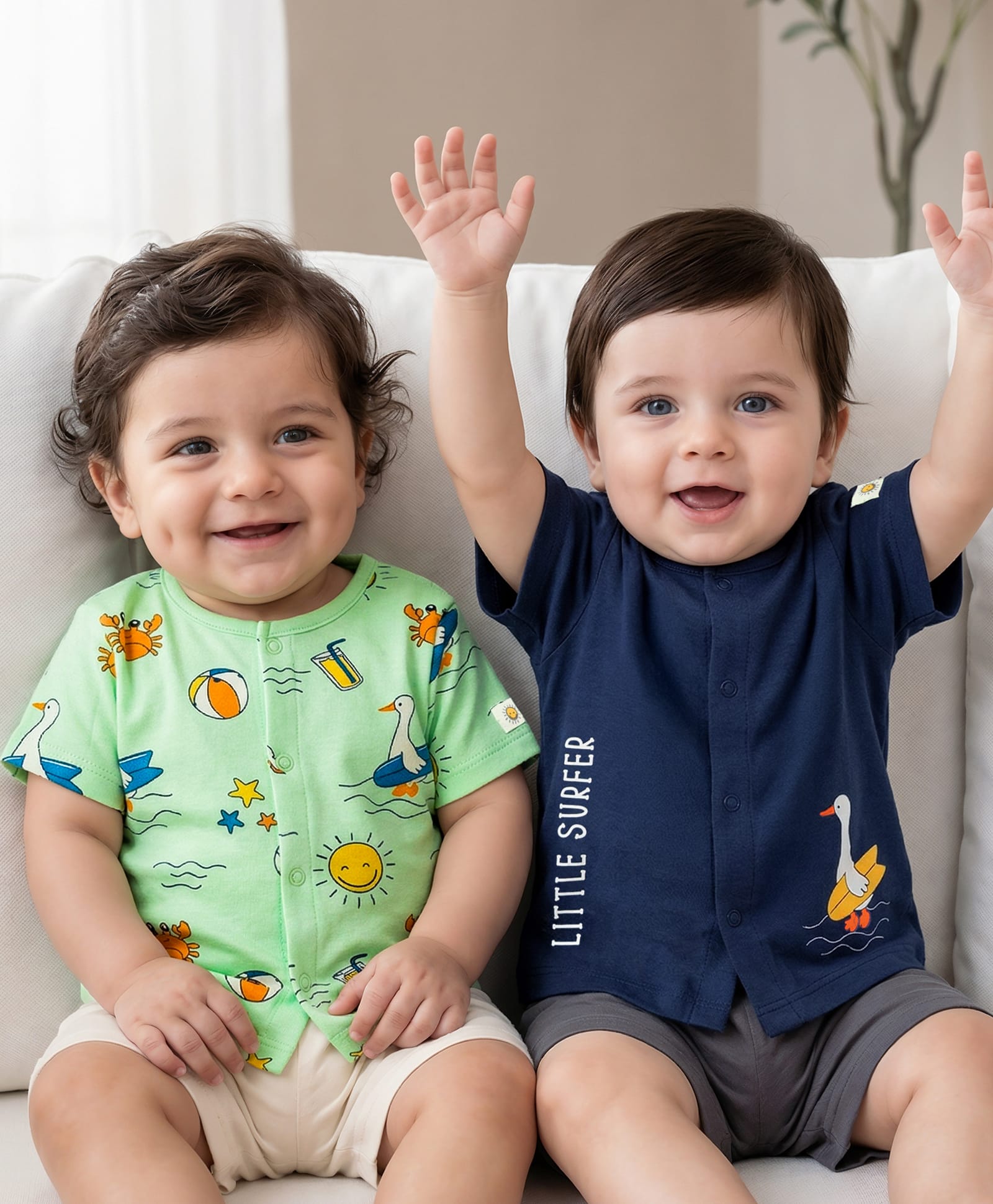 Babyoye 100% Cotton Interlock Knit Half Sleeves Vest With Bird Print Pack Of 2 - Blue & Light Green-image-49