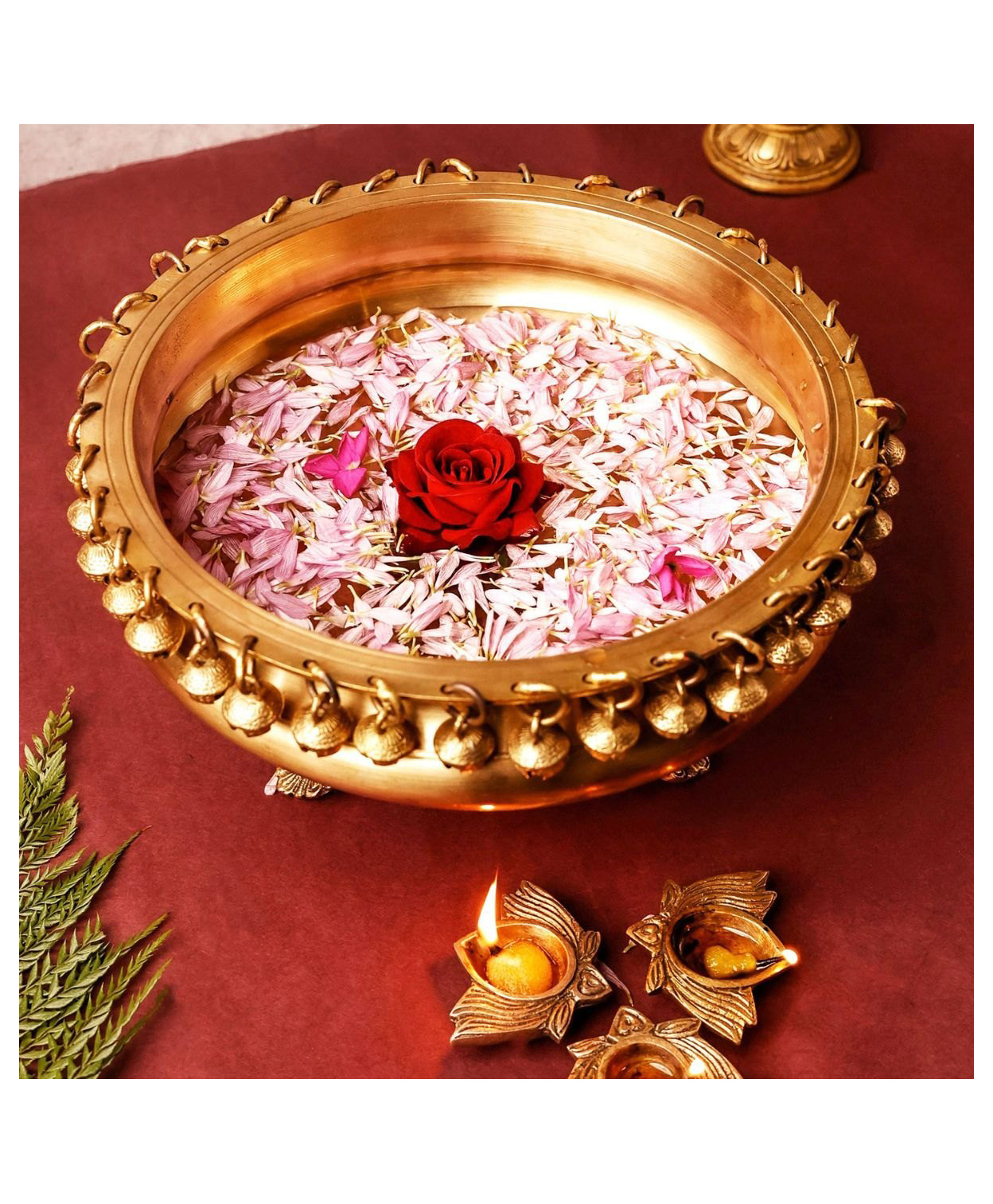 The Advitya Brass Urli With Bell Decorative Bowl For Home Decor and Festive Decor 10 Inches