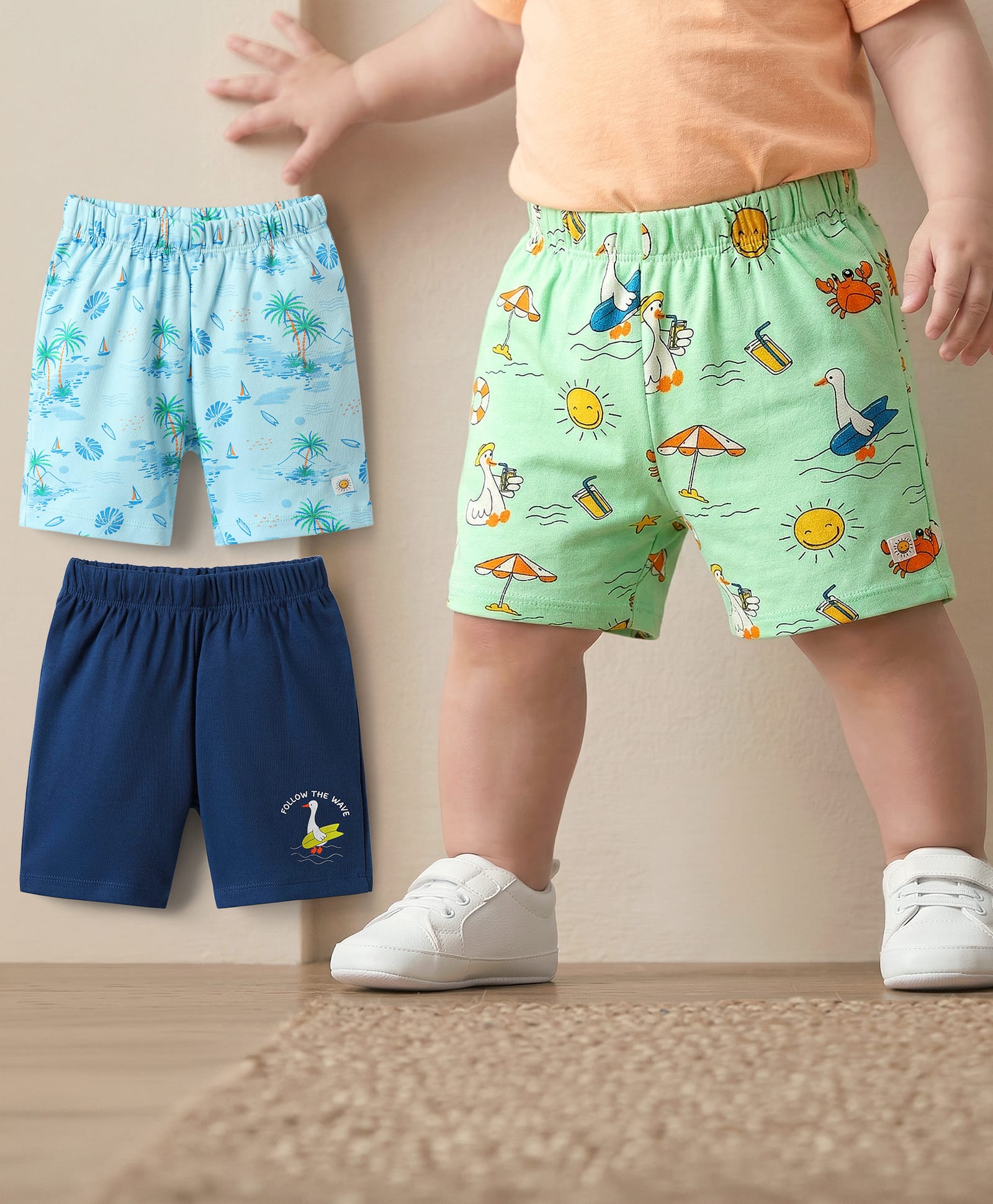 Babyoye 100% Cotton Knit With Eco Jiva Finish Beach Theme & Tree Printed Shorts Pack of 3 - Navy Blue Light Green & Light Blue-picture-20