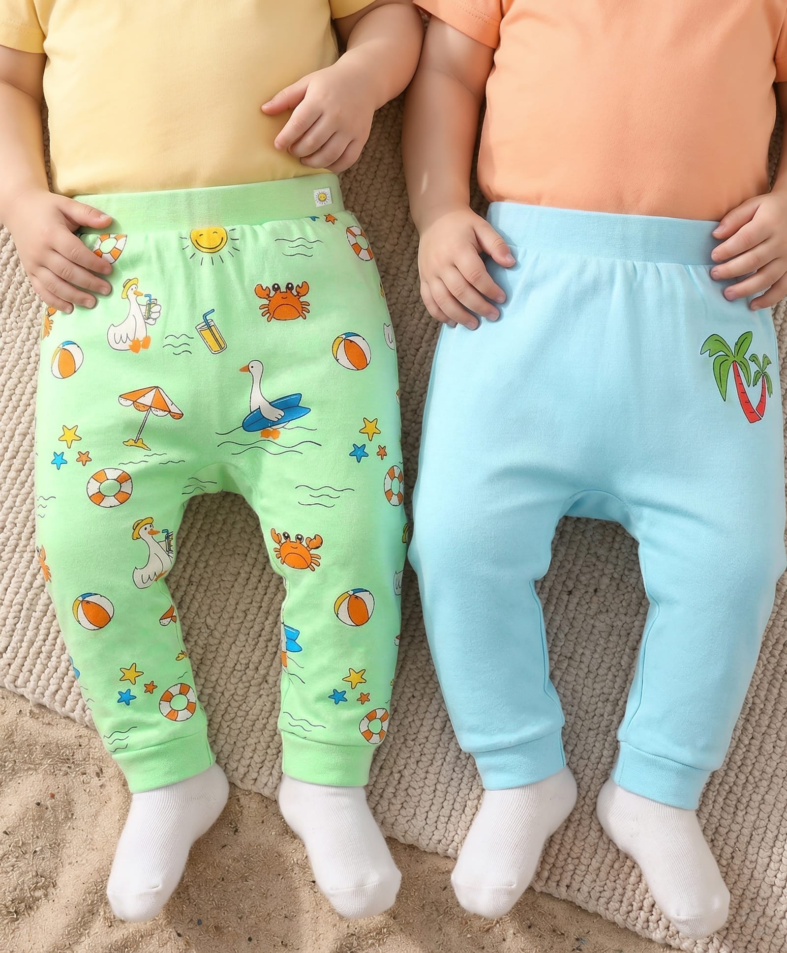 Babyoye 100% Cotton Knit Full Length Eco Jiva Finish Diaper Leggings with Beach Theme Print Pack of 2 - Light Blue & Green-image-9