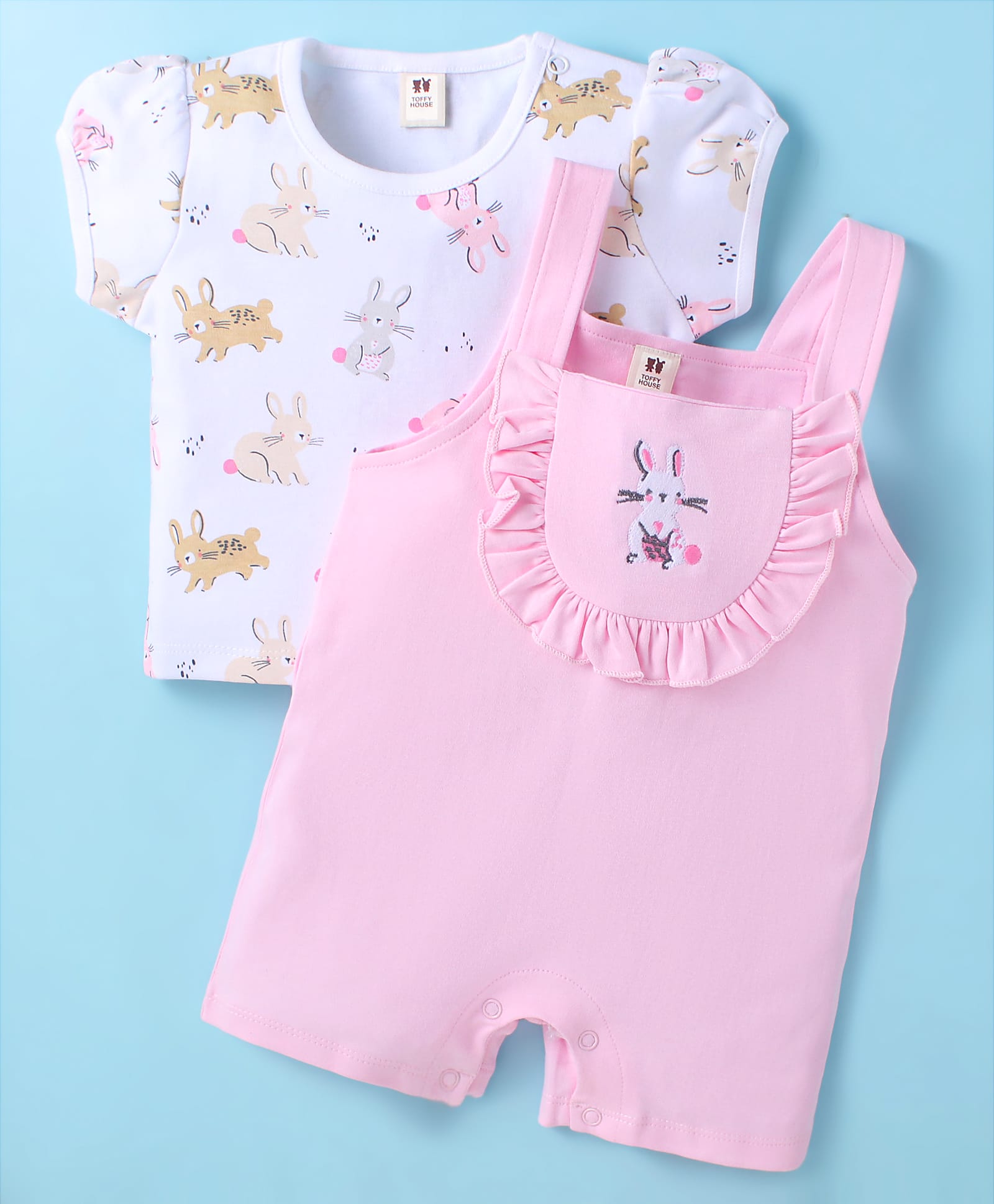 ToffyHouse Dungaree with Half Sleeves Inner Tee Bunny Print & Embroidery - Pink & White-picture-10