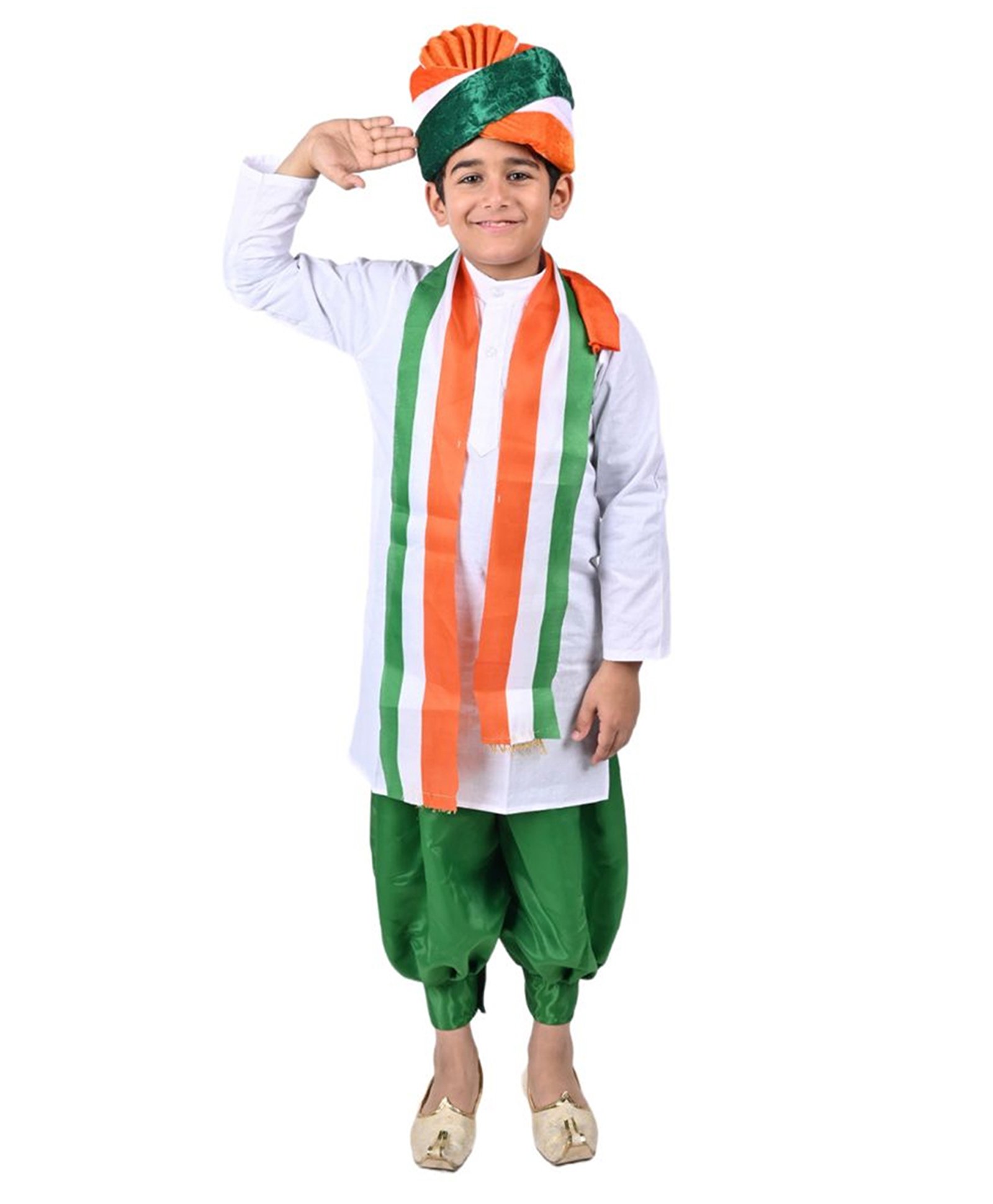 Itsmycostume Cotton Blend Republic Day Theme Full Sleeves Solid Kurta Dhoti With Tricolour Stole Costume Set - White & Green-image-32
