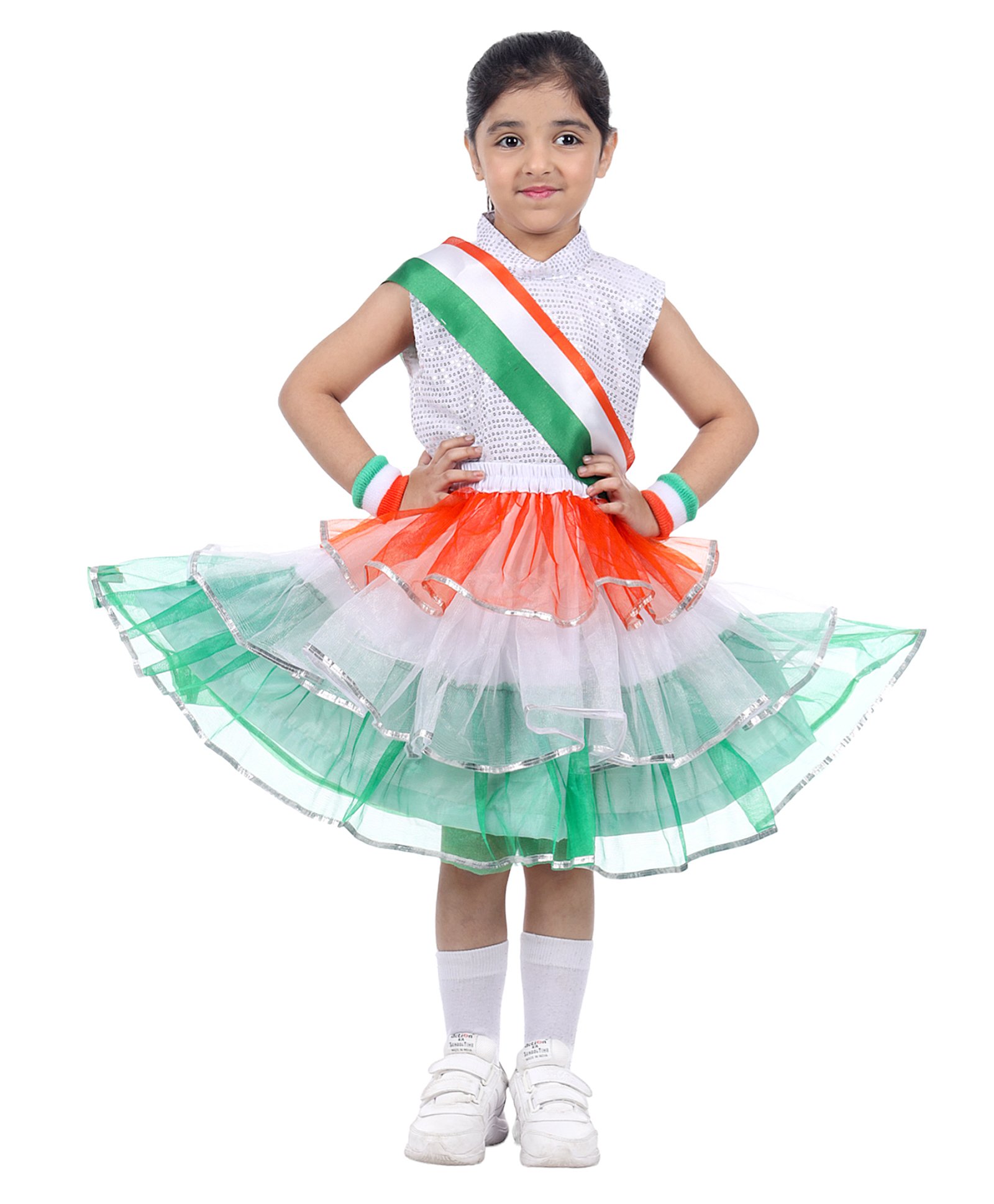 Itsmycostume Cotton Blend Republic Day Theme Sleeveless Top & Skirt With Tri Colour Stole Costume Set - White