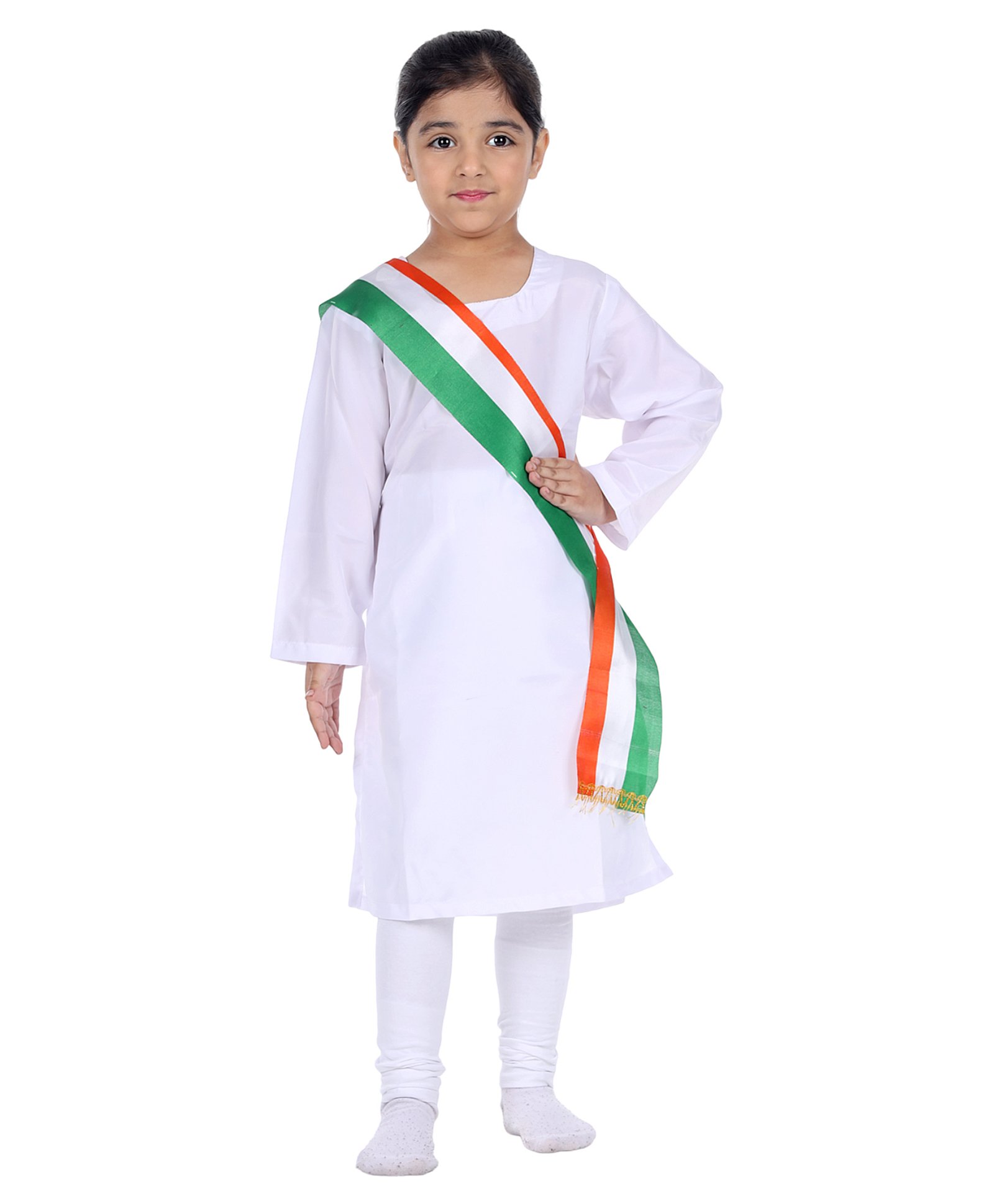 Itsmycostume Cotton Blend Republic Day Theme Full Sleeves Kurta Churidar With Tri Colour Stole Costume Set - White