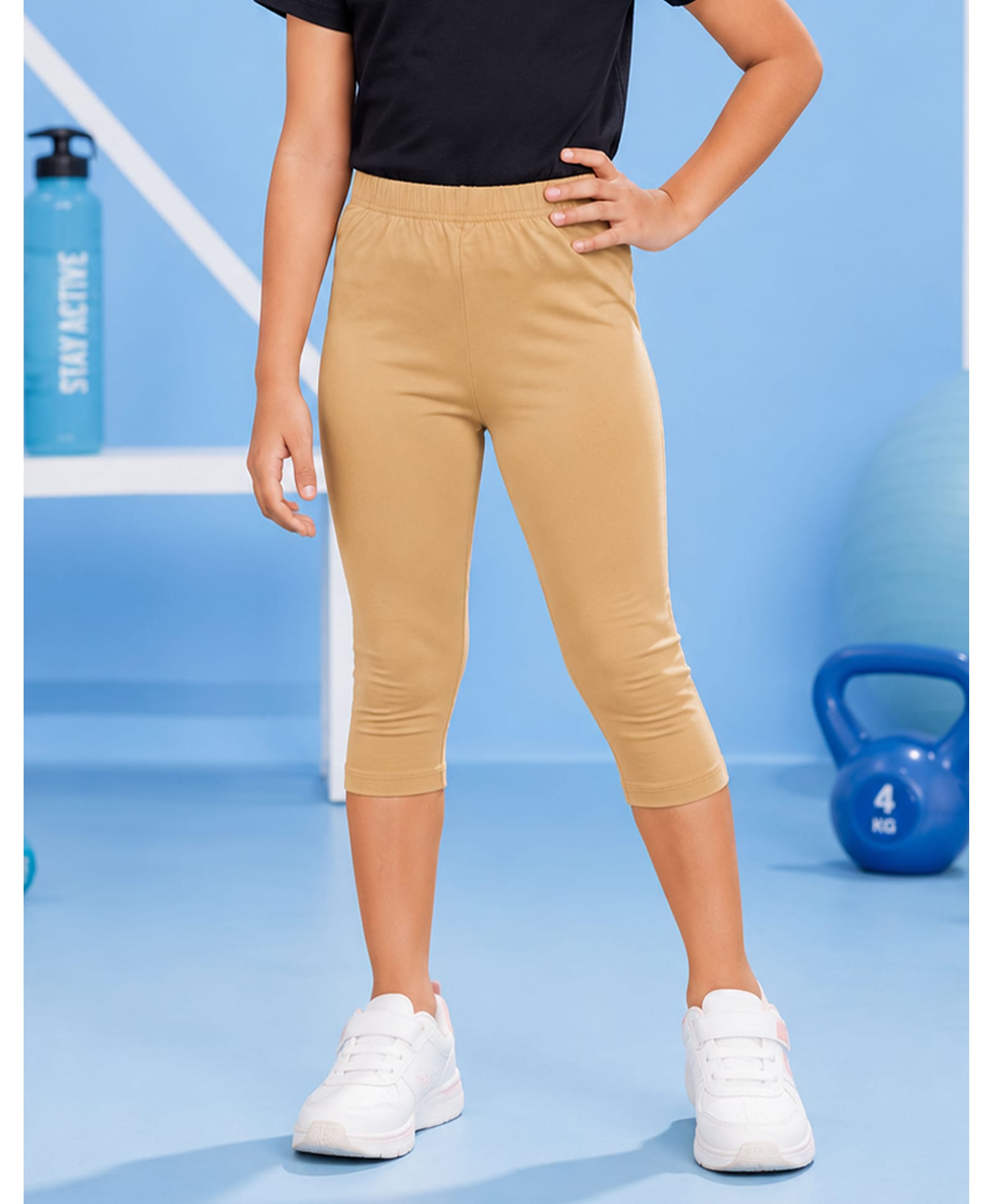 Kiddopanti Cotton Lycra Solid Capri Leggings - Beige-picture-19