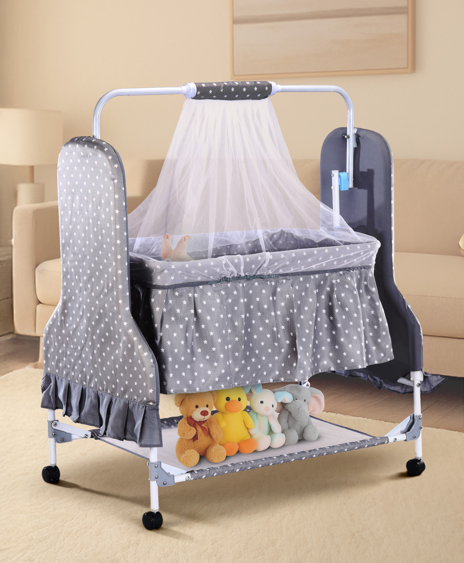 fab n funky Star Printed Folding Cradle with Mosquito Net & Wheels - Grey-picture-26