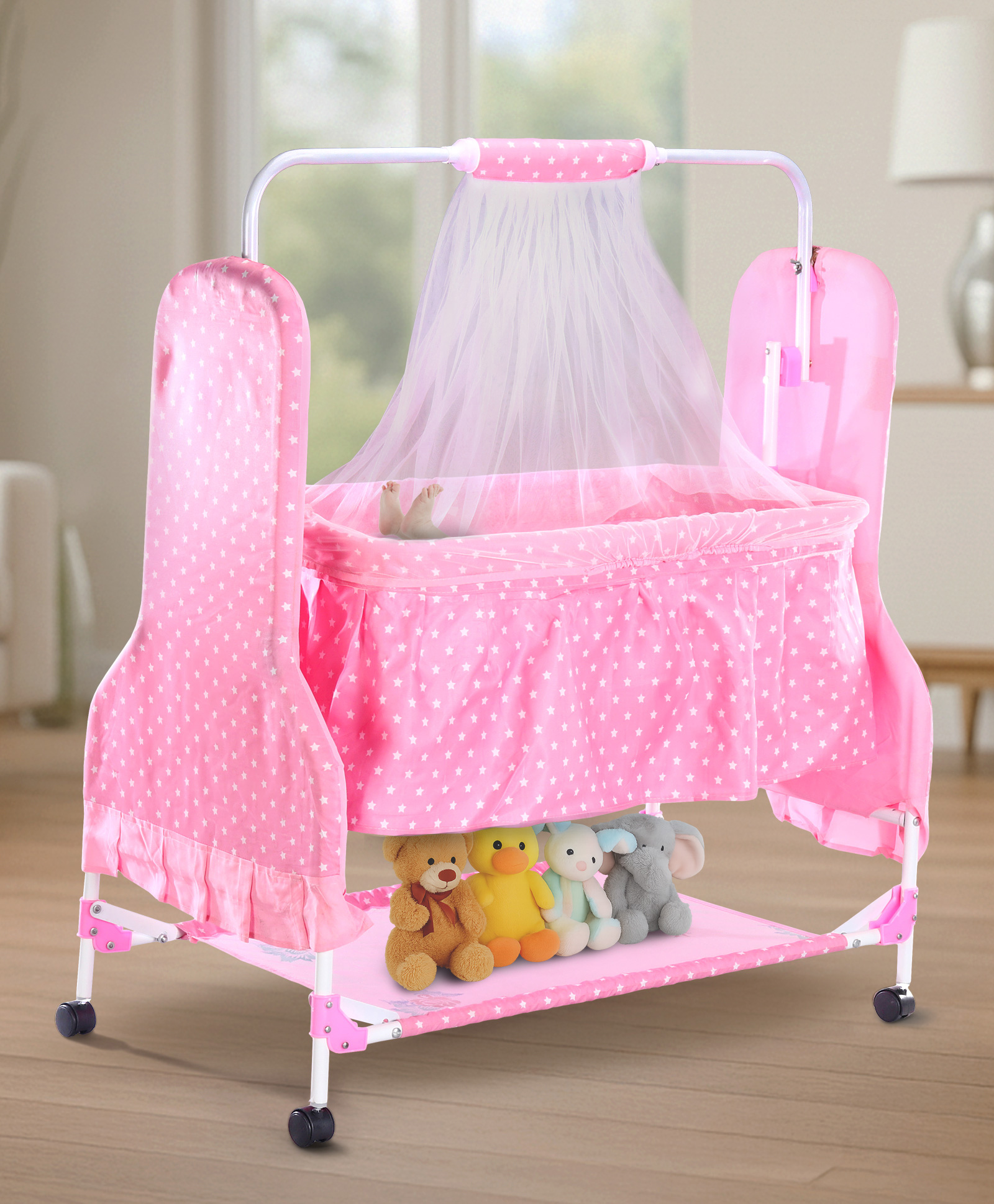 Star Printed Folding Cradle with Mosquito Net & Wheels - Pink-image-3