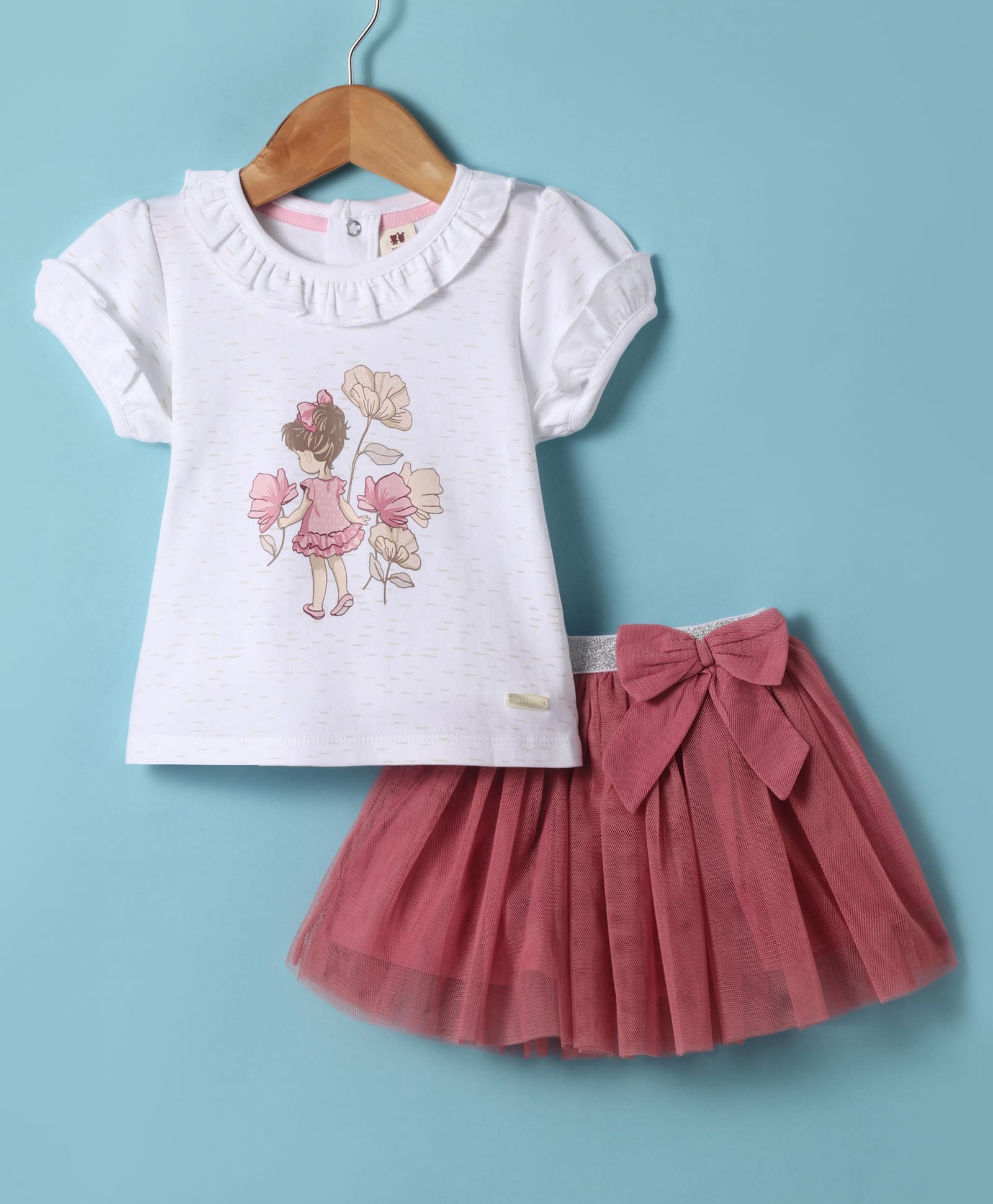 ToffyHouse Half Sleeves Top & Skirt Set with Floral Print & Bow Applique - Mauve-picture-15