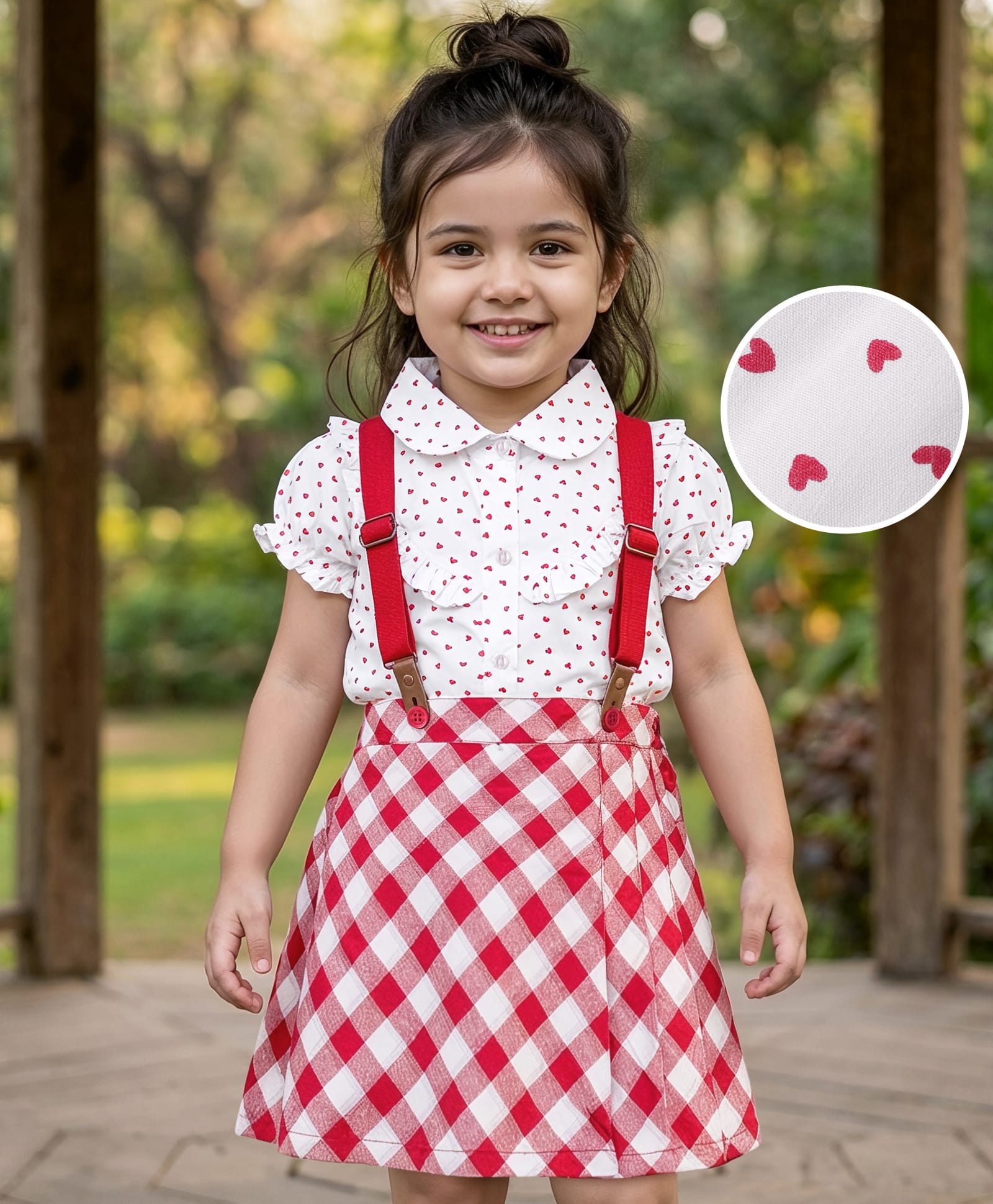 ToffyHouse Cotton Half Sleeves Heart Printed Frilled Top With Checkered Skirt - Dark Red-image-44