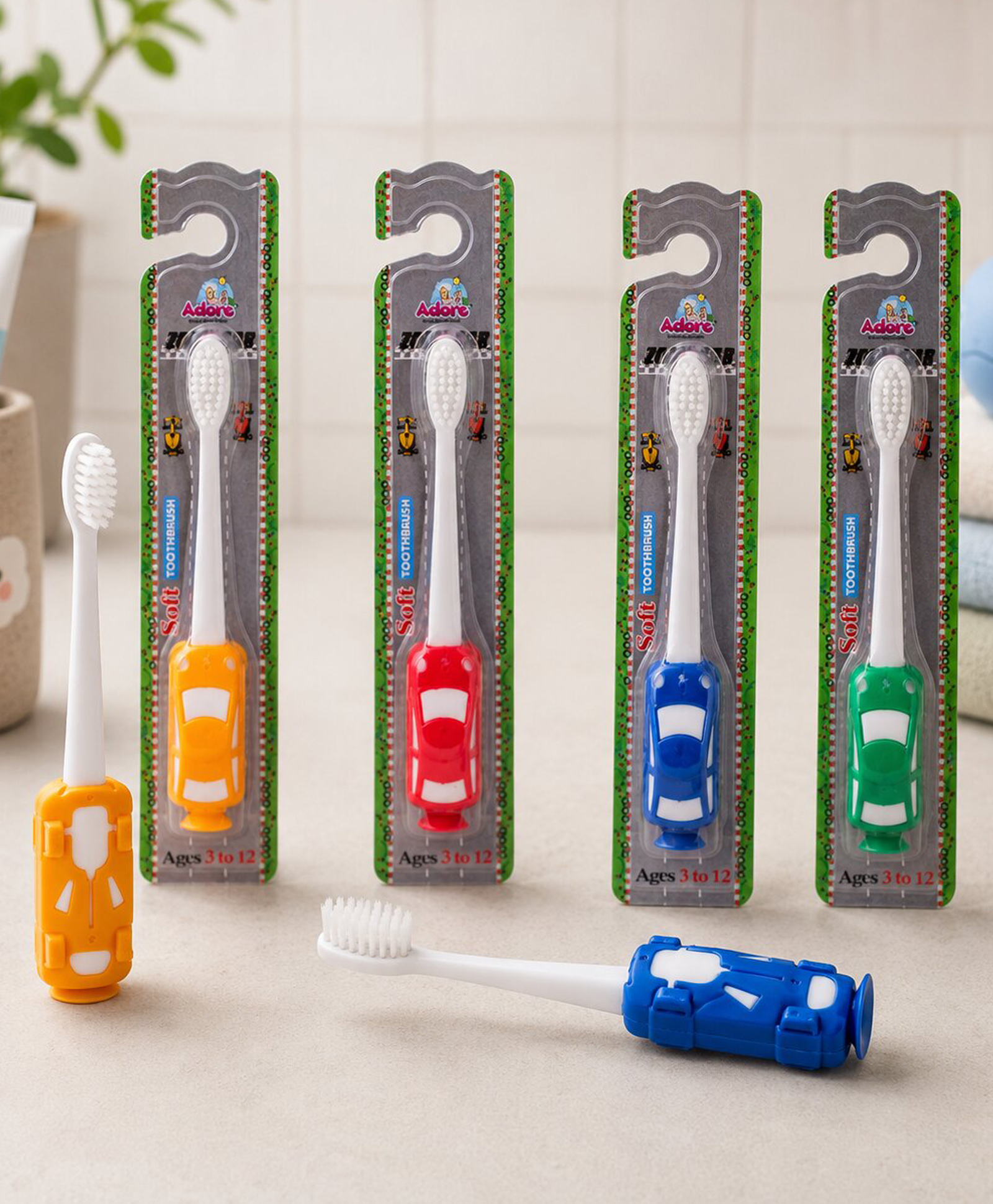 Adore Zoom! Kids Racking Theme Toothbrush with Suction Base- Pack of 4 - Multicolor-image-20