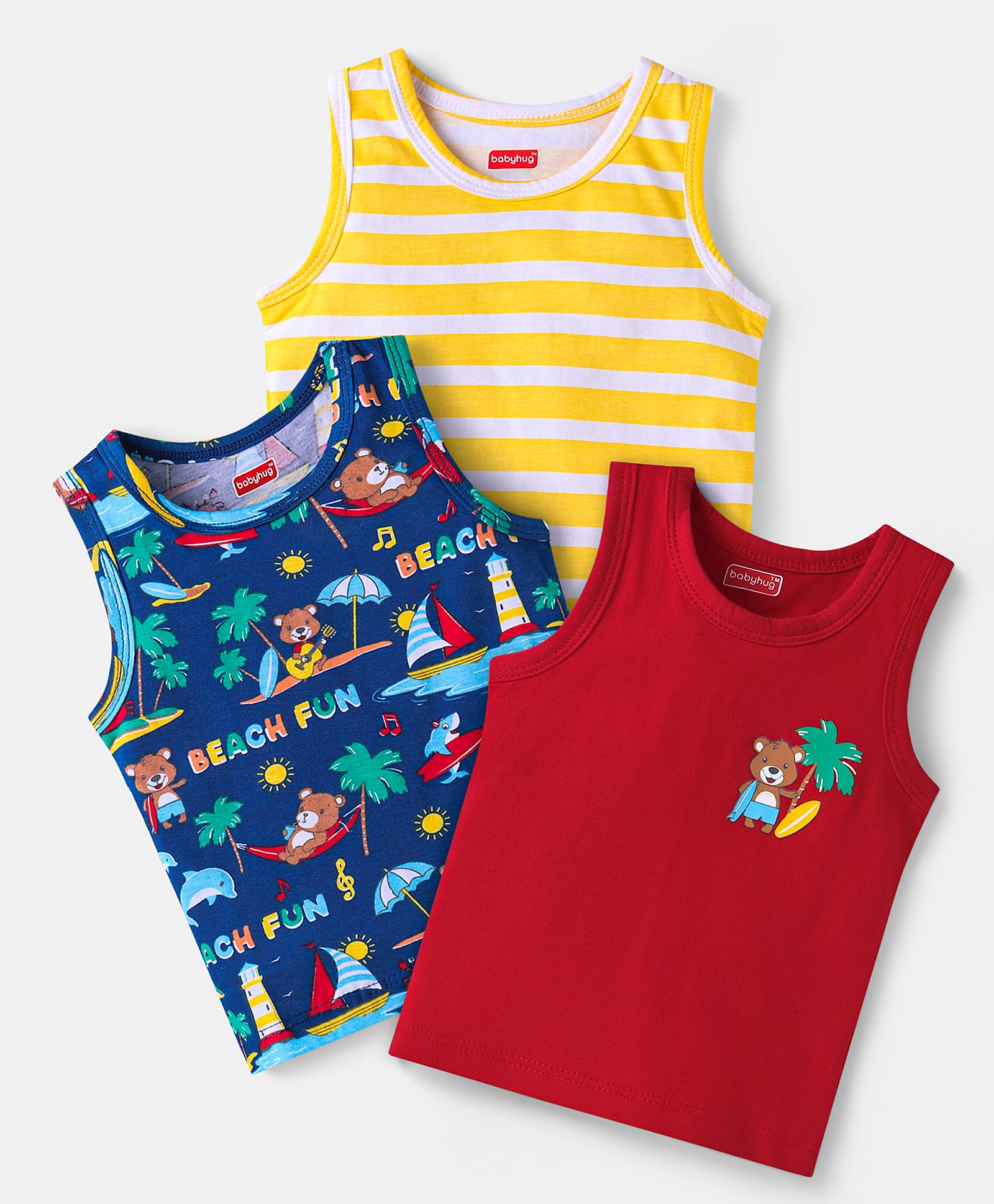 Babyhug 100% Cotton Knit Sleeveless Antibacterial Sandos Striped & Beach Theme Print Pack of 3 - Yellow Red Navy Blue-image-44