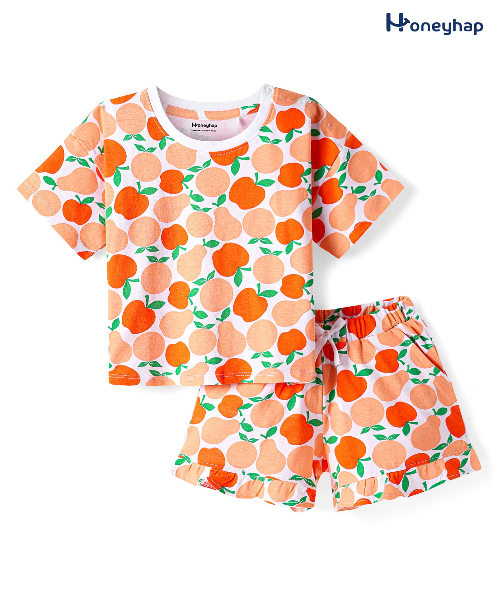 Honeyhap Premium100% Cotton Knit Half Sleeves Co-ords Shorts Night Suit with Bio Finish & Fruits Print - Bright White Cantaloupe & Carrot-picture-28