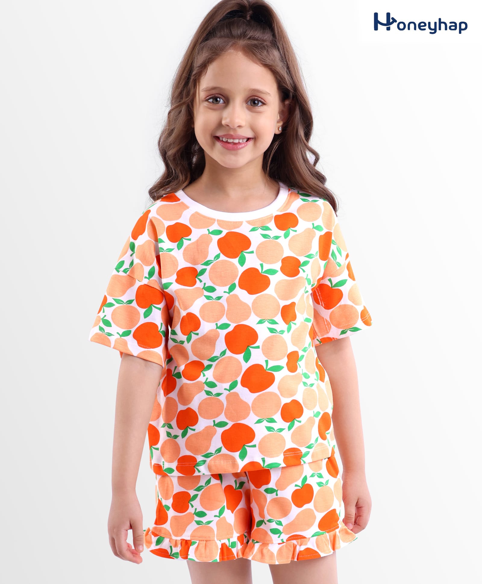 Honeyhap Premium100% Cotton Knit Half Sleeves Co-ords Shorts Night Suit with Bio Finish & Fruits Print - Bright White Cantaloupe & Carrot-image-6