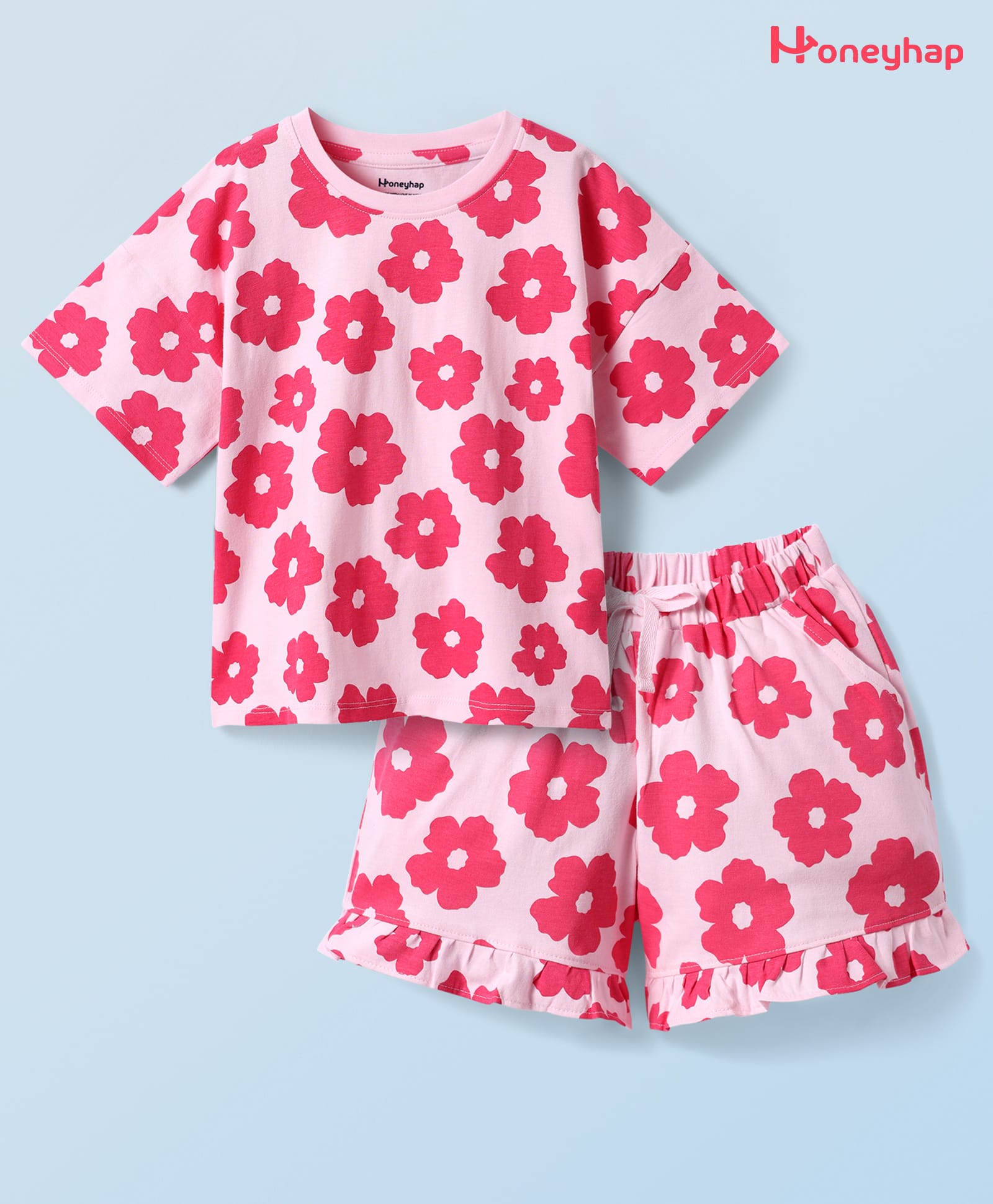Honeyhap Premium 100% Cotton Knit Half Sleeves Co-ords Shorts Night Suit with Bio Finish & Floral Print - Tender Touch-image-20