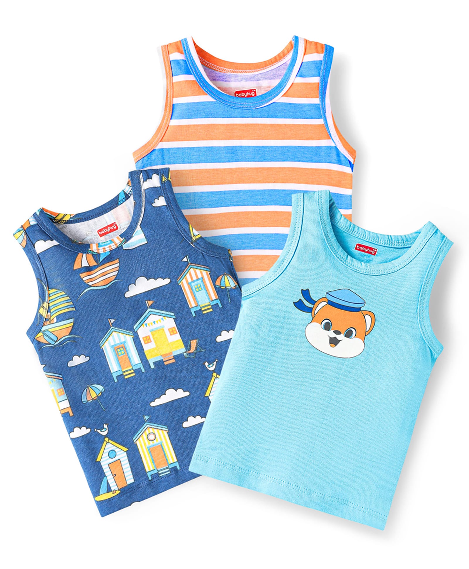 Babyhug 100% Cotton Single Jersey Knit Antibacterial Sandos With Stripes & Boat Print Pack Of 3 - Blue Light Blue & Orange-image-43