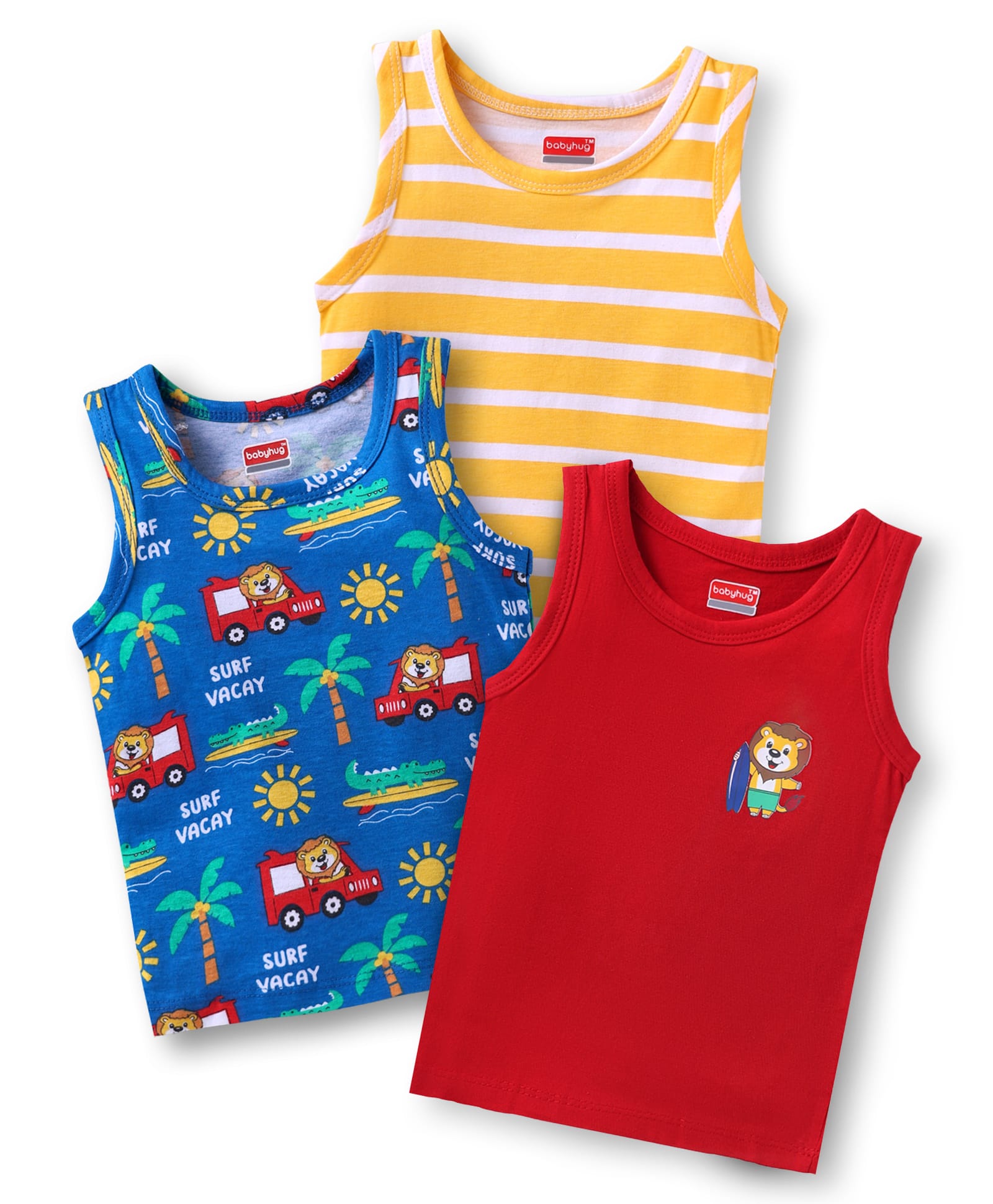 Babyhug 100% Cotton Knit Antibacterial Sleeveless Sandos with Stripes & Vehicle Print Pack of 3 - Navy Blue Red & Yellow