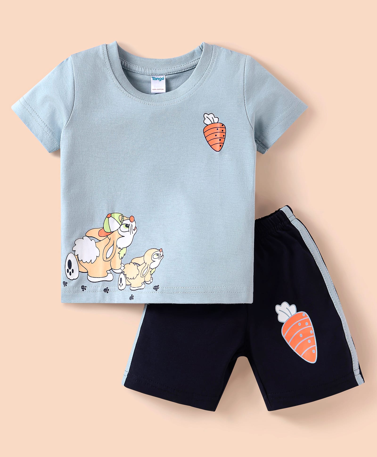 Tango Single Jersey Knit Half Sleeves T-Shirt & Shorts Set With Carrot Print - Light Blue-image-3