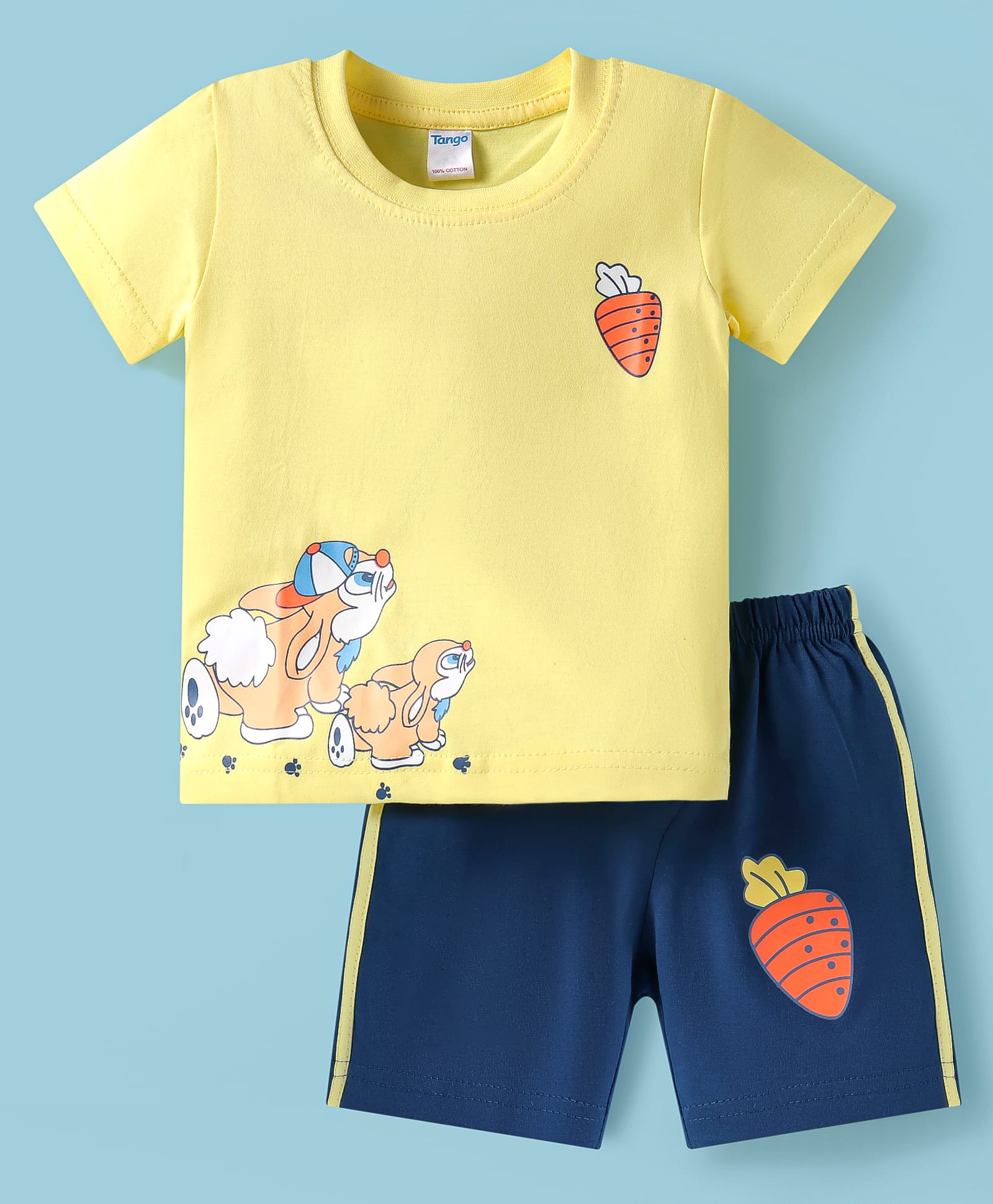 Tango Single Jersey Knit Half Sleeves T-Shirt & Shorts Set With Carrot Print - Yellow-image-1