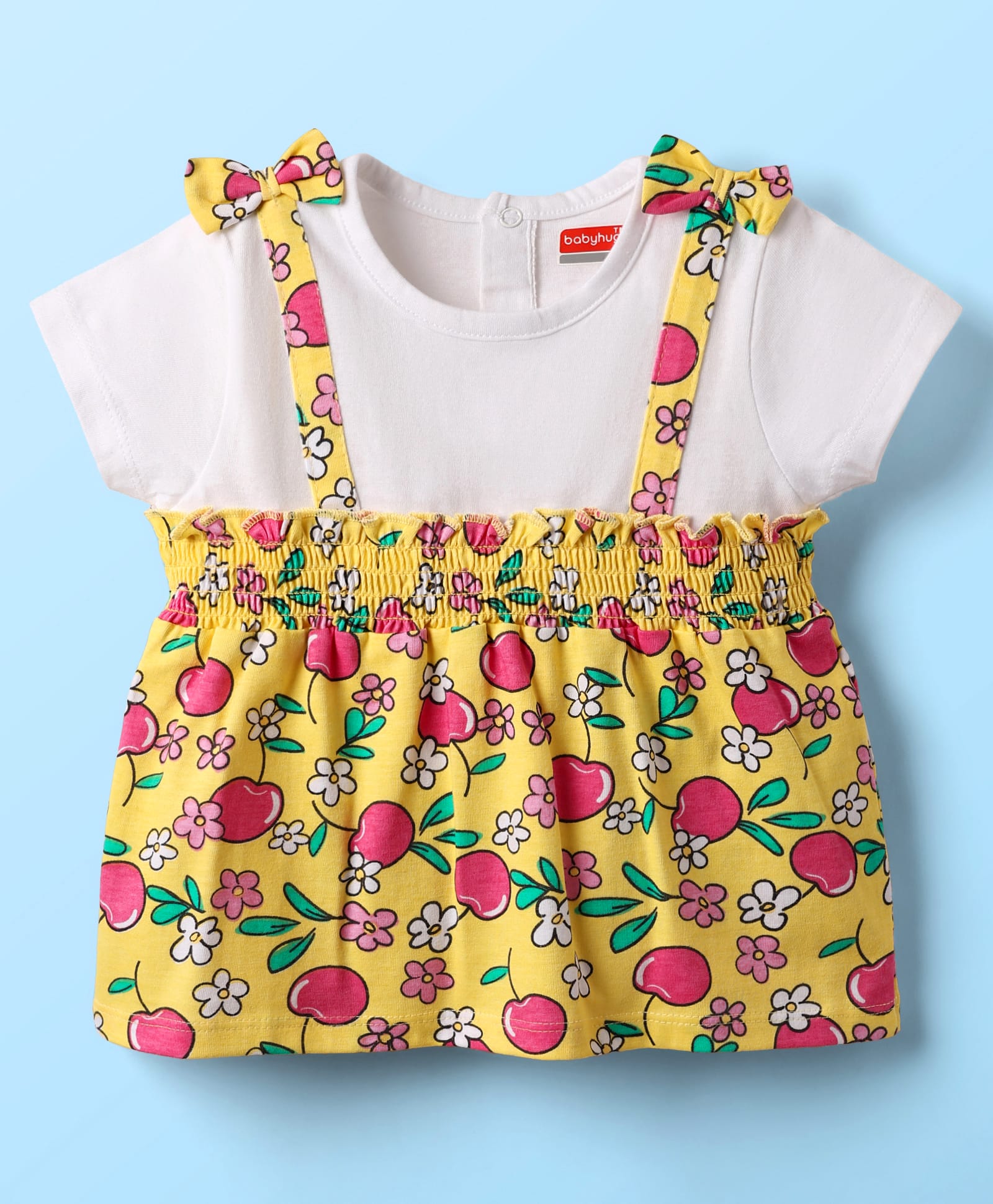 Babyhug Cotton Knit Half Sleeves Top with Tropical Theme Print & Bow Applique - Yellow & White-image-24