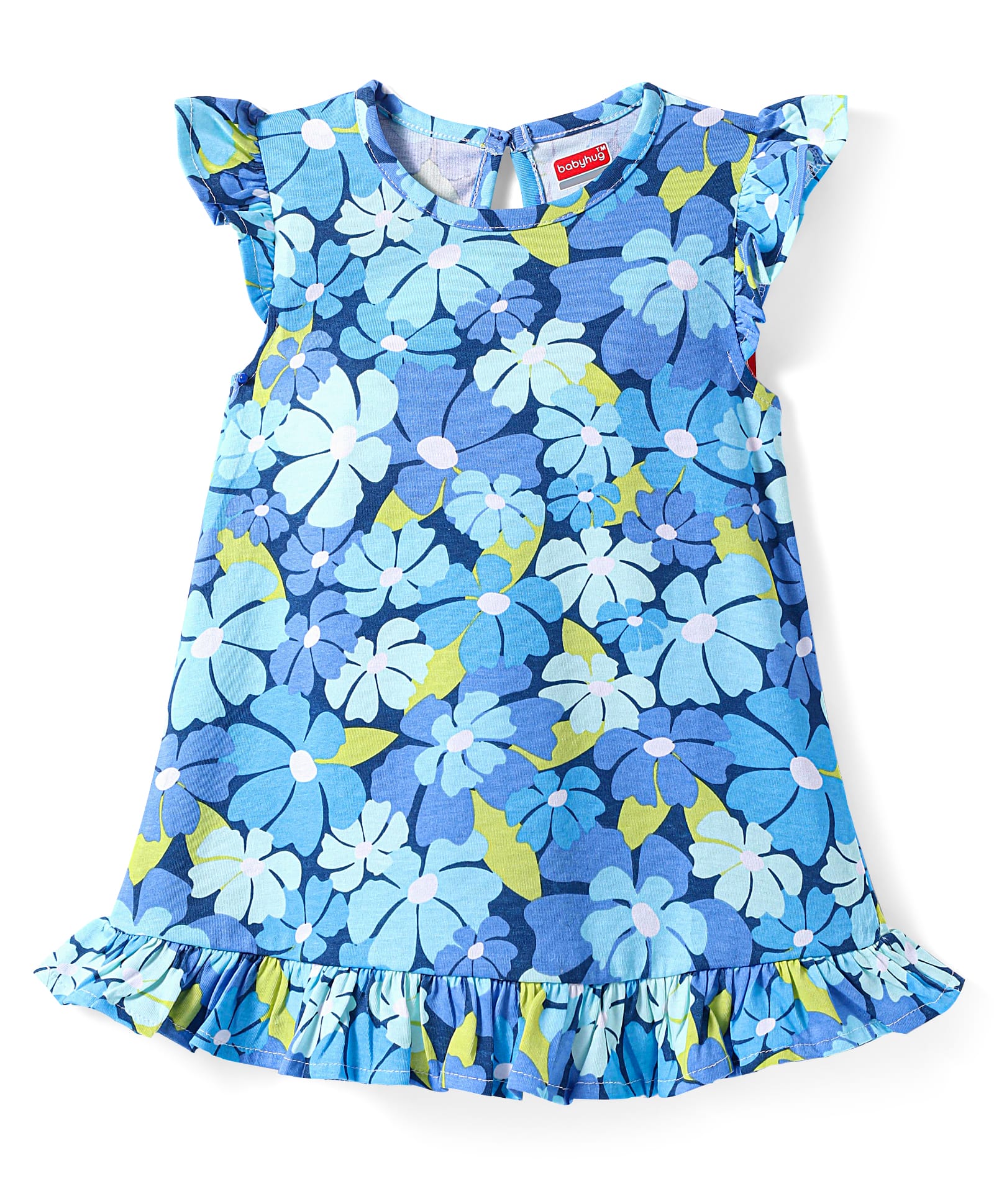 Babyhug Cotton Knit Frill Sleeves Nighty With Frill Detailing And Floral Print - Blue-picture-30