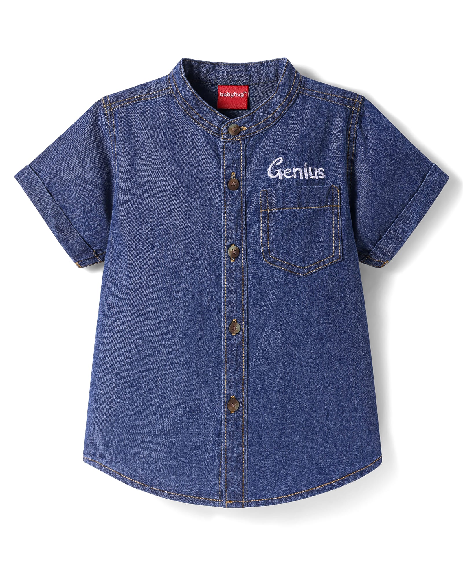 Babyhug Half Sleeve Mandarin Collar Denim Shirt with Text Embroidery - Blue-picture-12