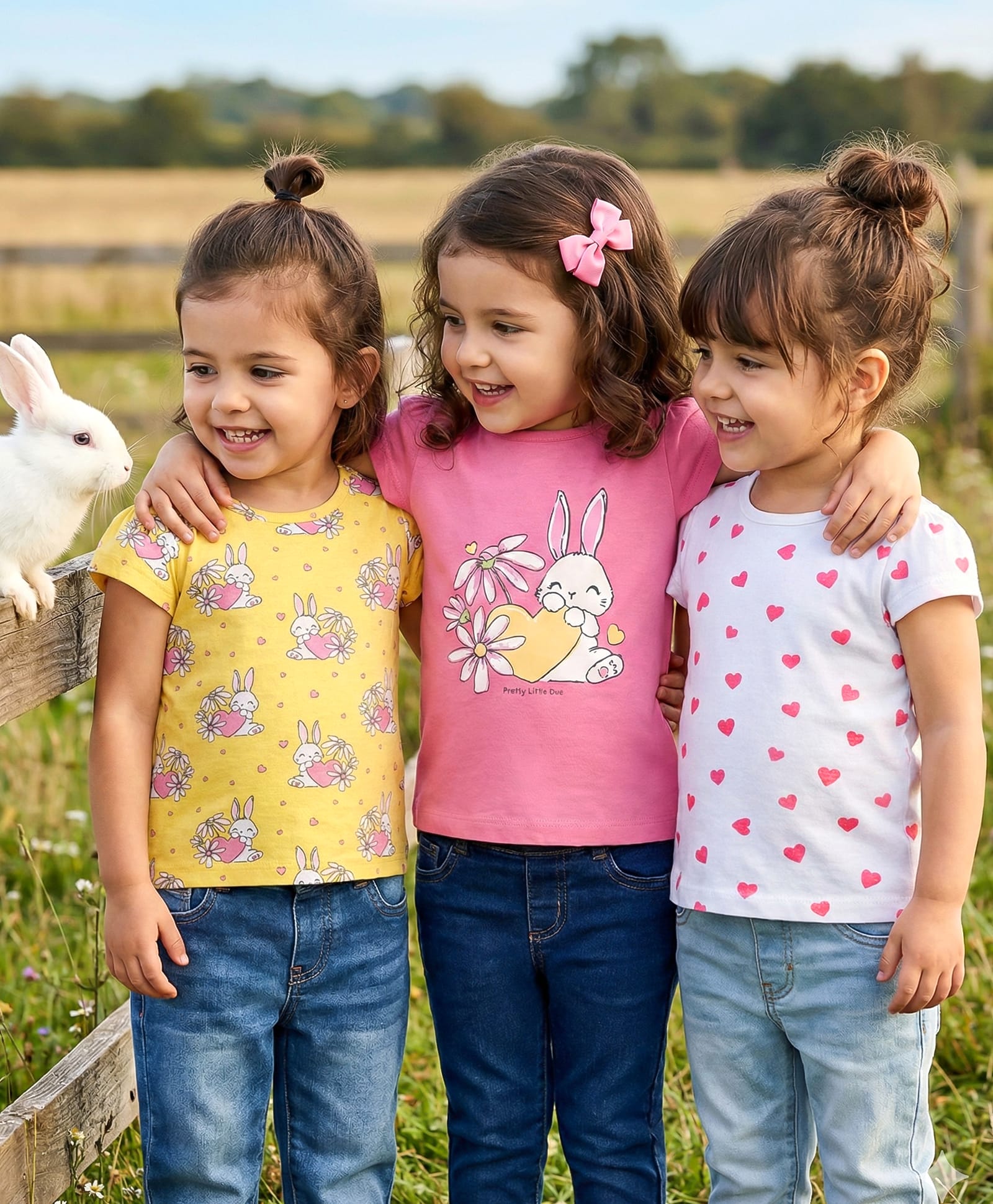 Babyhug Cotton Knit Cap Sleeves T-Shirts with Hearts & Bunny Print Pack of 3 - Pink White & Yellow-picture-27