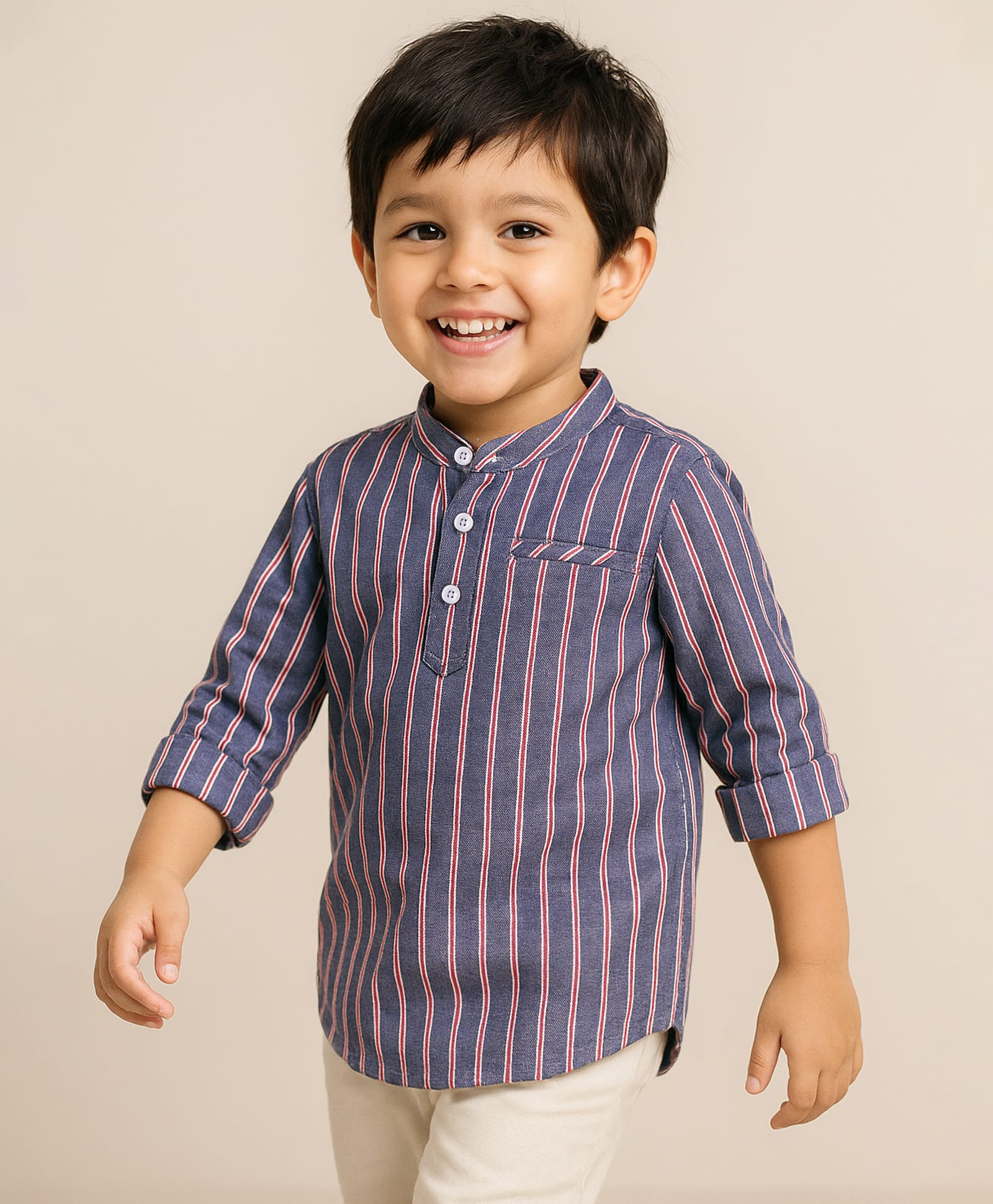 Babyhug 100% Cotton Woven Full Sleeves Mandarin Collar Stripe Kurta Shirt - Charcoal Grey