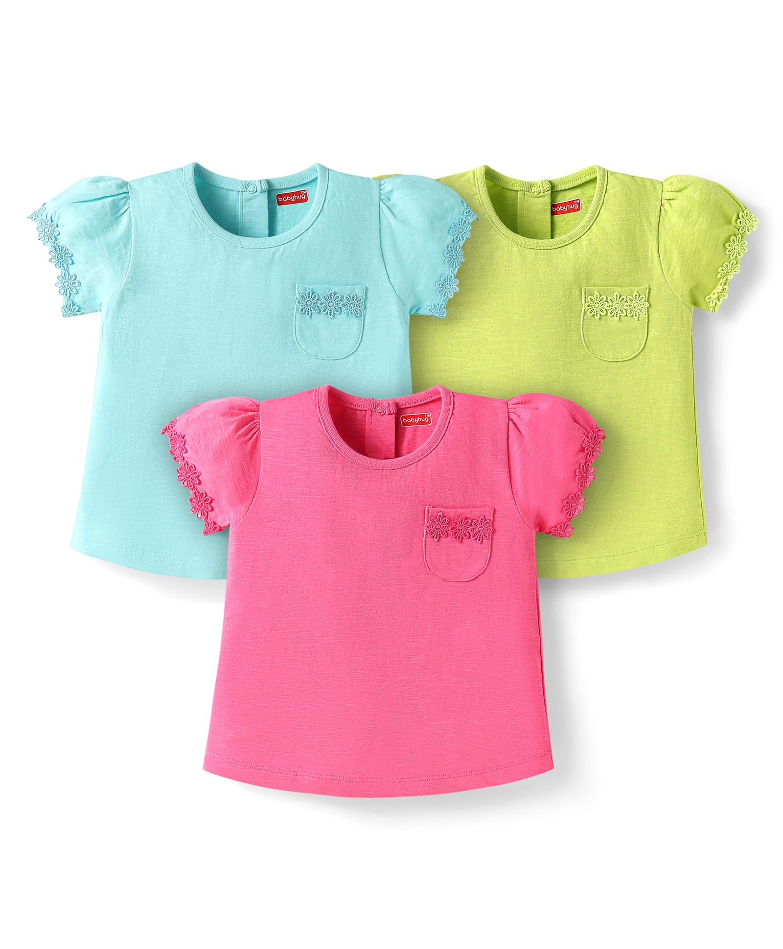 Babyhug Cotton Knit Half Sleeves T-shirts With Floral Lace Detailing Pack Of 3 - Light Blue & Dark Pink-image-41