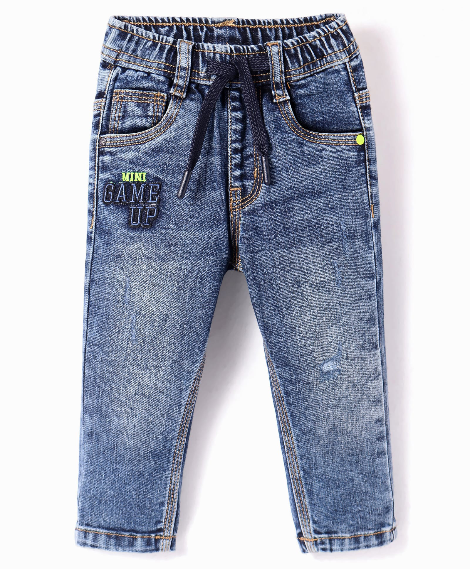 Ruff Denim Full Length Washed Jeans with Game Up Text Embroidery - Blue-picture-14
