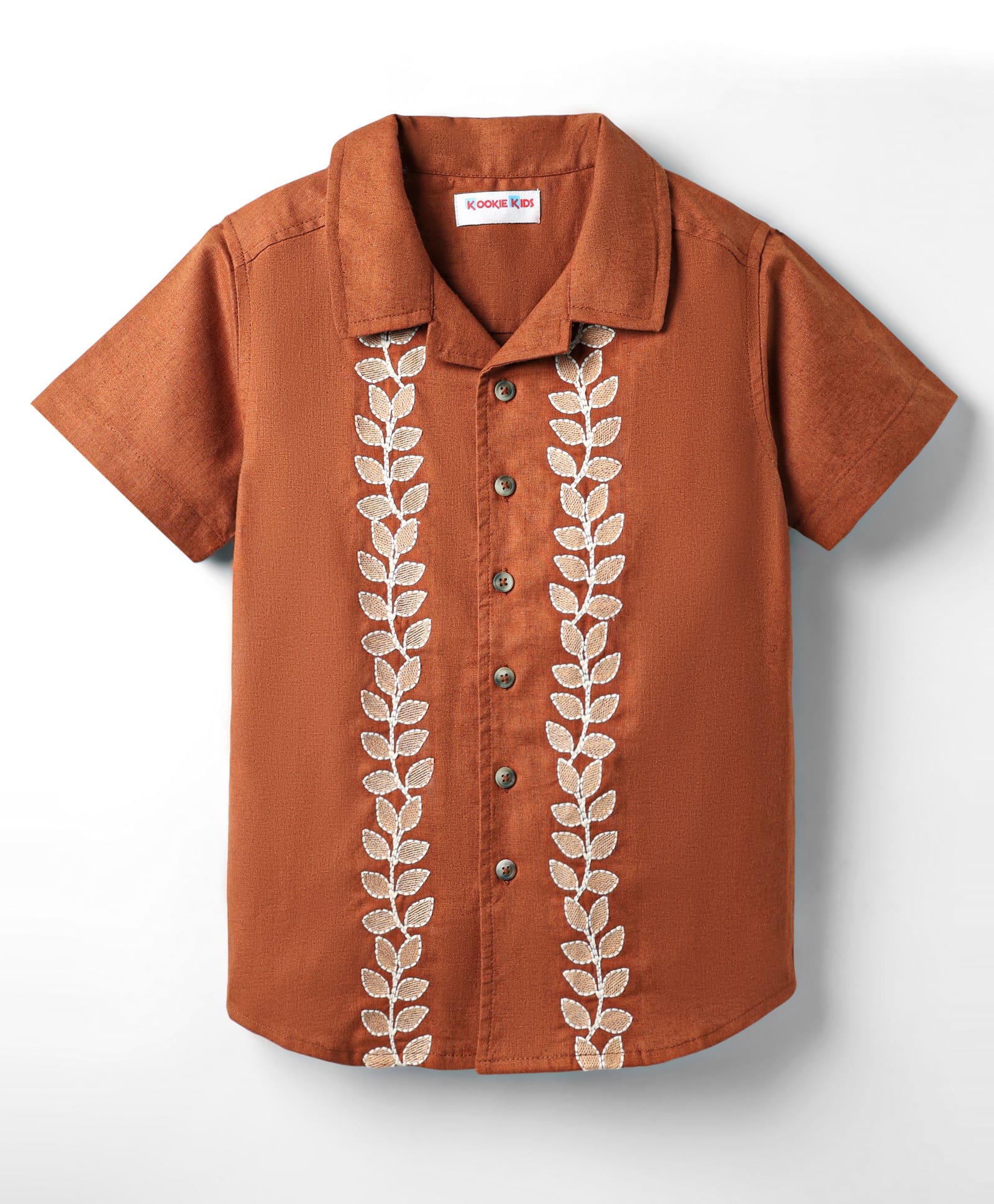 kookie kids india Kookie Kids Cotton Woven Half Sleeves Resort Collar Shirt With Floral Embroidery - Rust Orange-picture-19